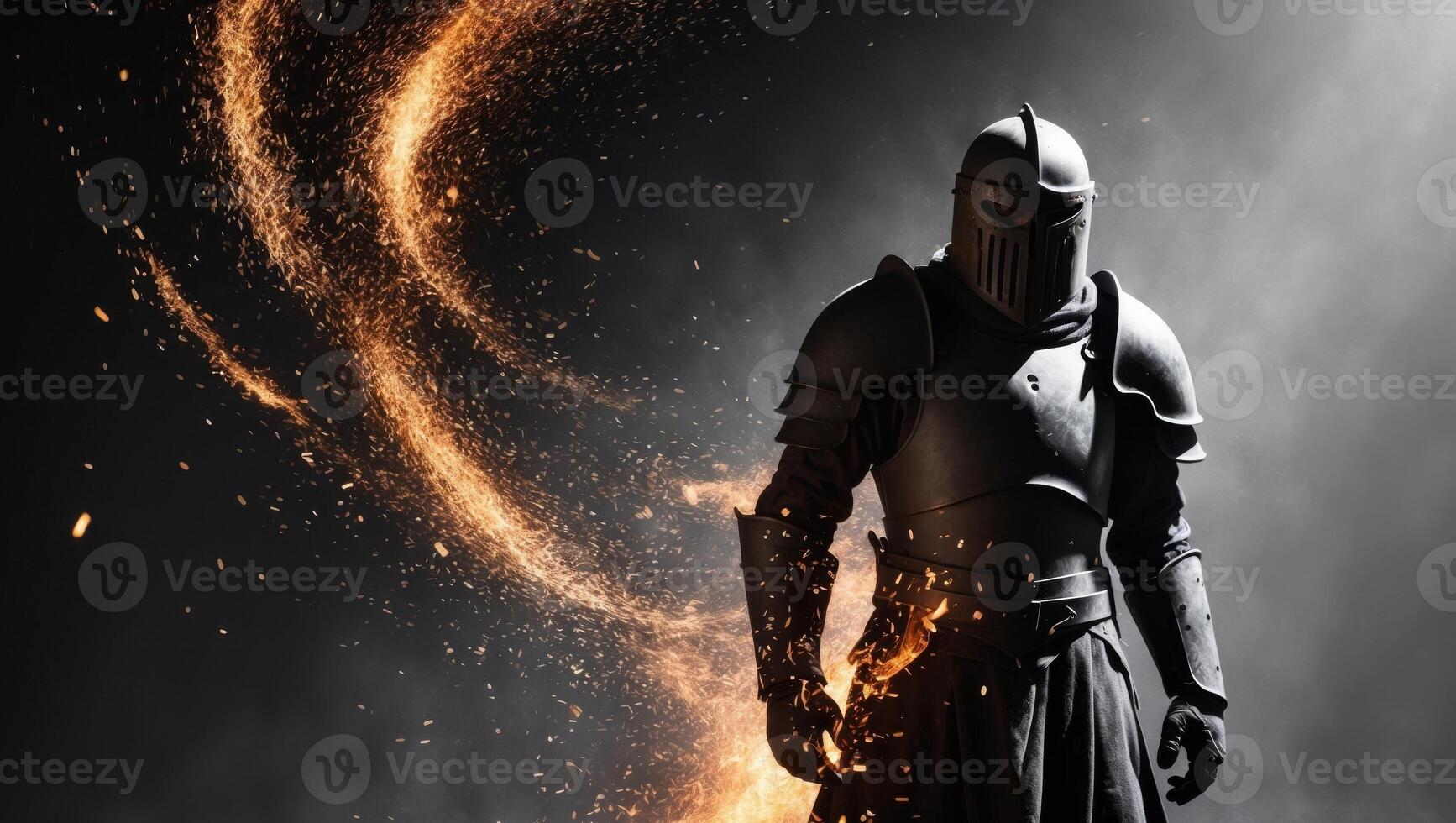 Warrior in dark armor with fierce expression amid flying embers. photo