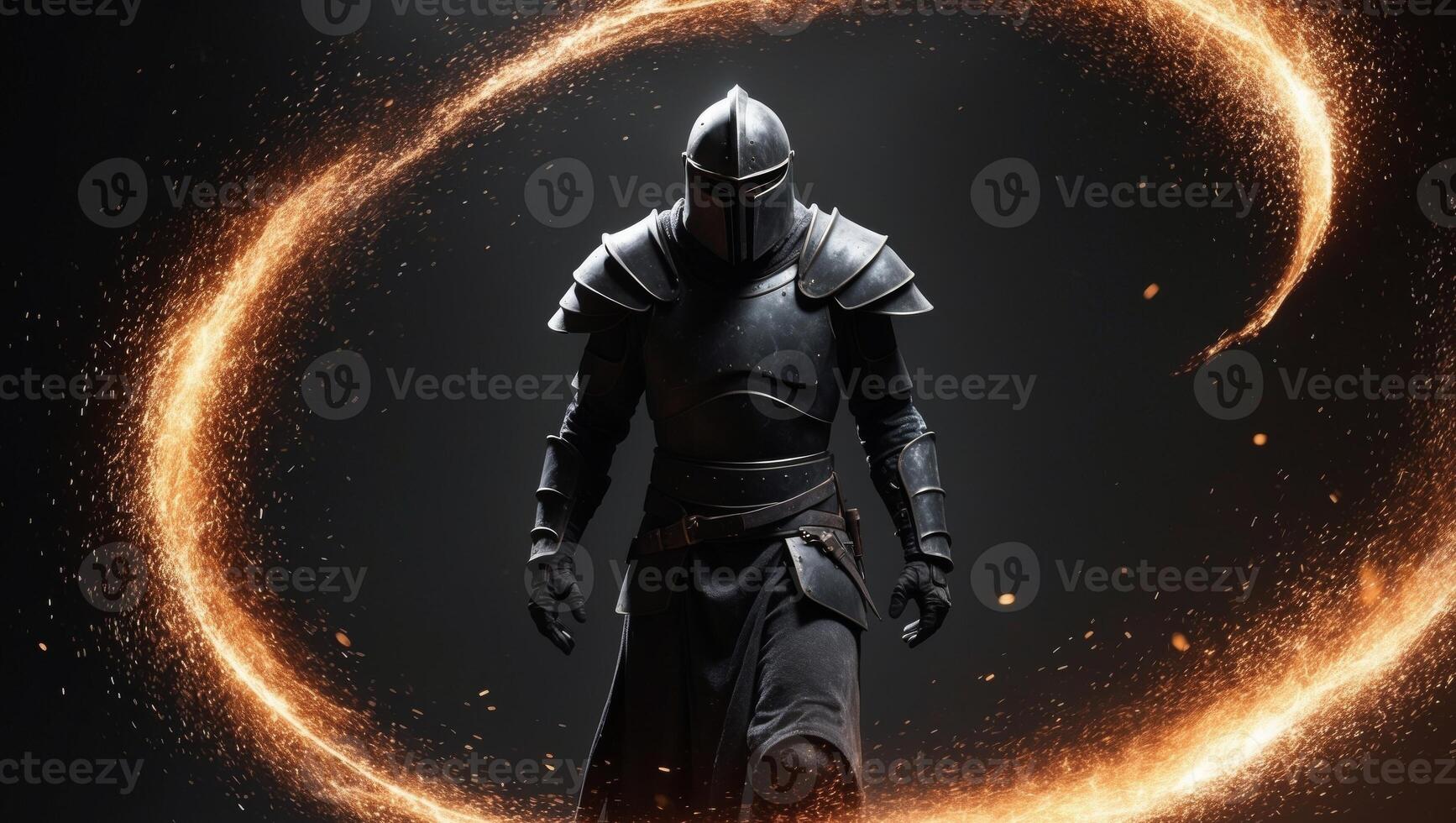 Warrior in dark armor with fierce expression amid flying embers. photo