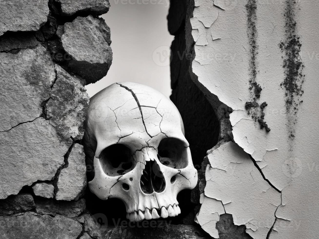 weathered skull peeks out from behind cracked peeling wall. photo