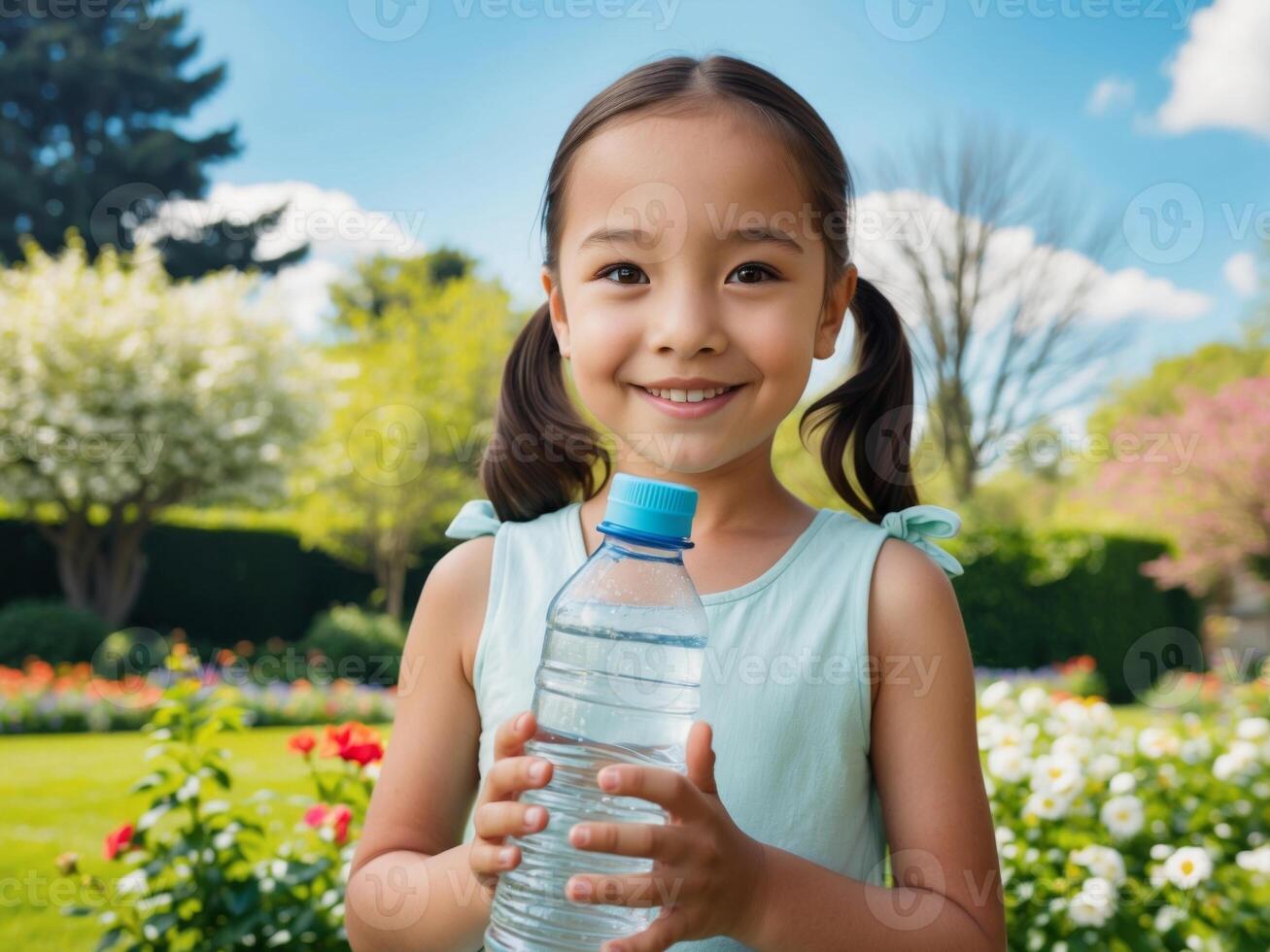 Young girl holding a water bottle and smiling outdoors in a garden during daytime. photo