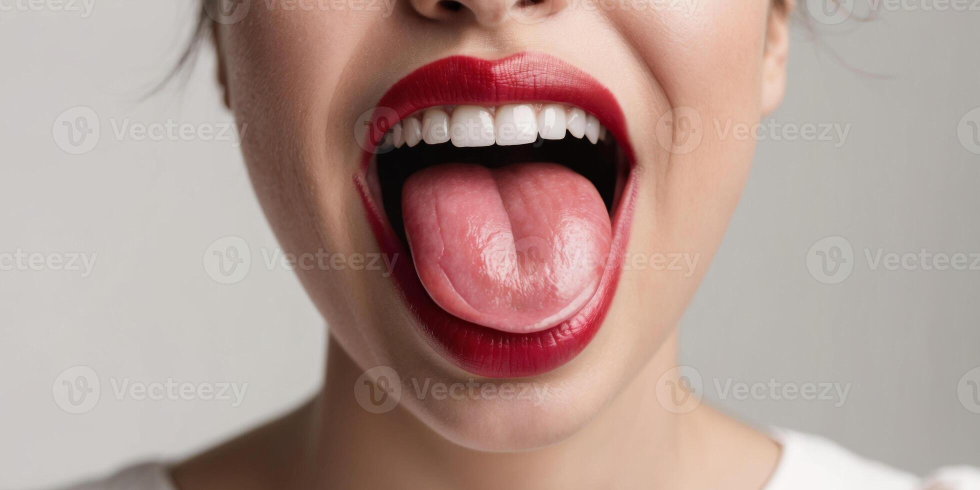 A close up of a mouth with its tongue sticking out of it. photo