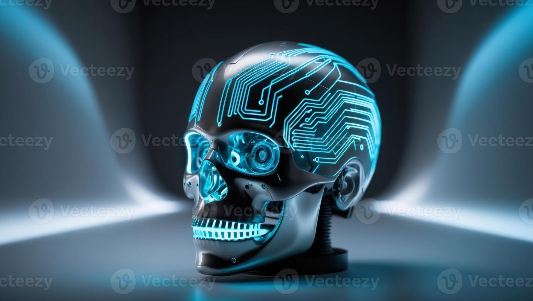 A futuristic robotic head with glowing circuitry in a dimly lit space. photo