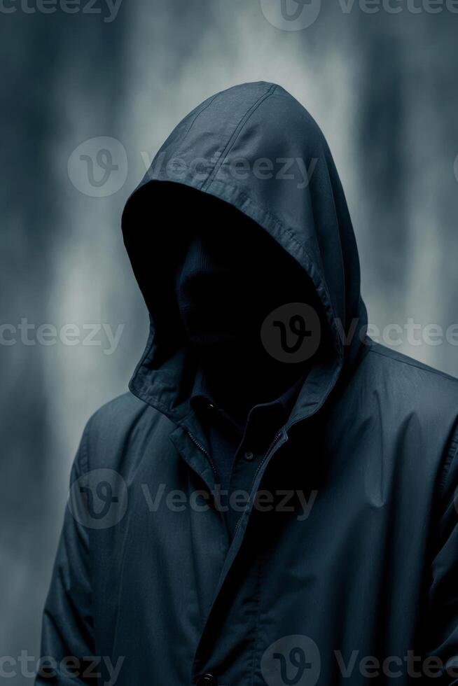 A hooded criminal or hacker is depicted with a dark silhouette in an ominous and faceless portrayal. photo