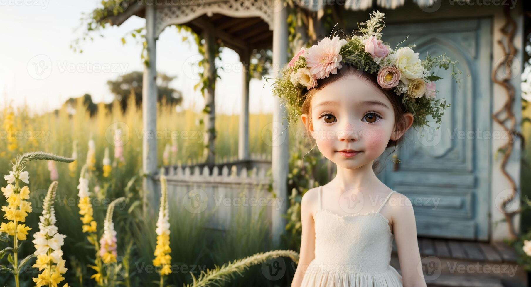 A girl with a flower wreath on her head stands near a fancy hut in a field. photo