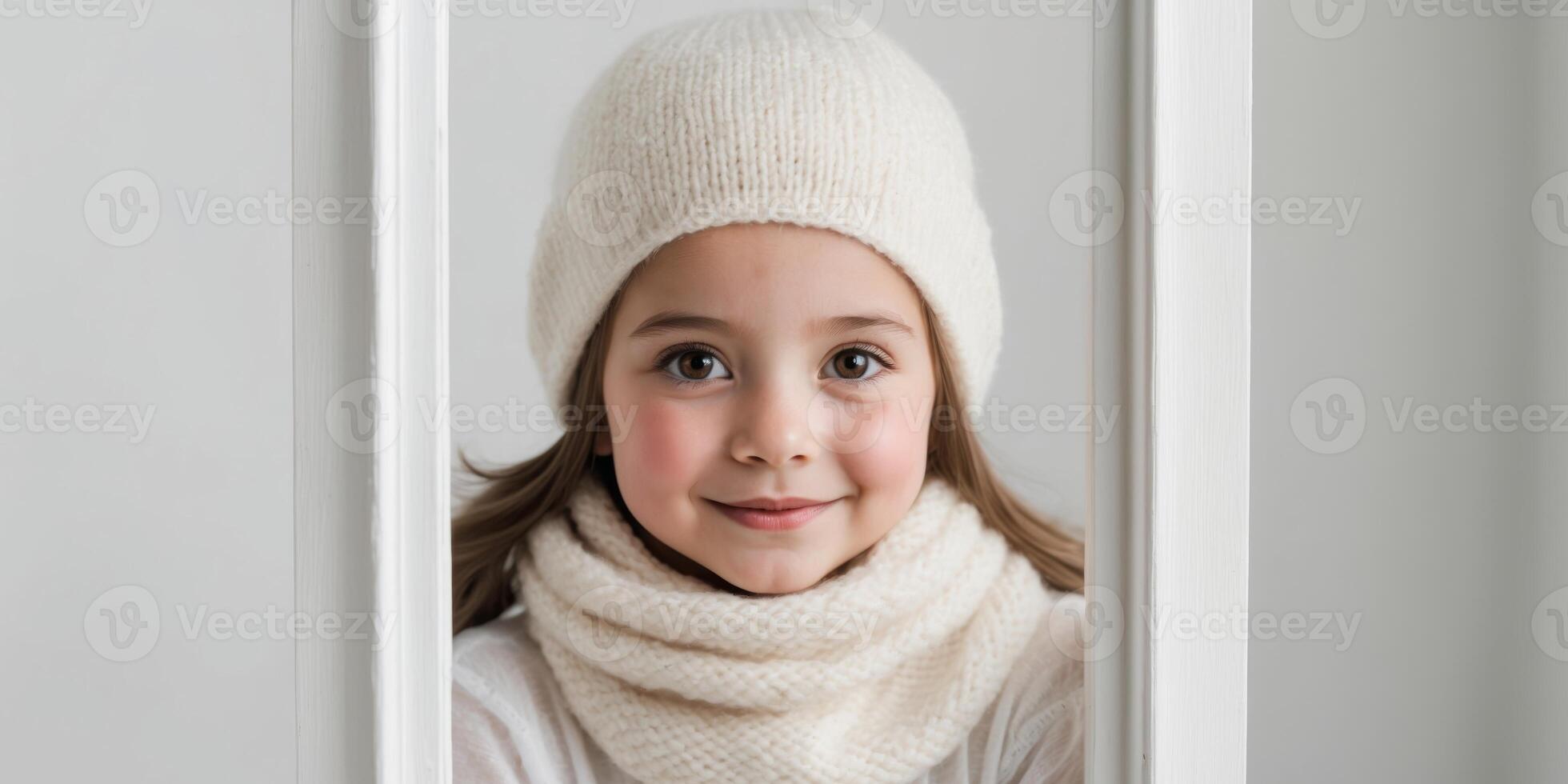A young girl wearing a knit hat and scarf is looking at the camera. photo