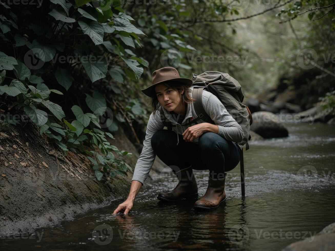 Adventurer Exploring a Stream in the Wilderness. photo