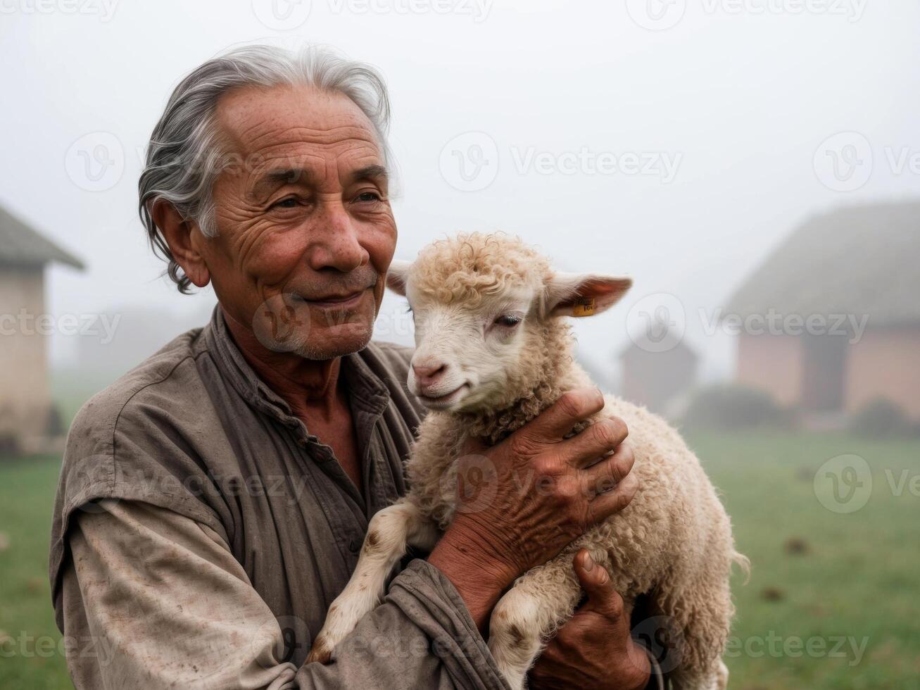 An elderly man lovingly holds a lamb in a rural village during a foggy morning. photo