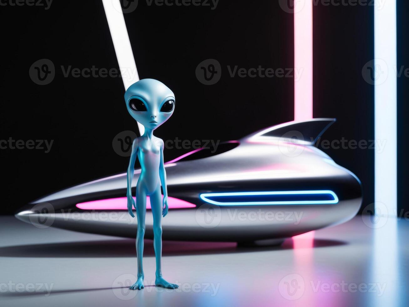 Blue alien standing next to a futuristic spaceship with neon lights. photo