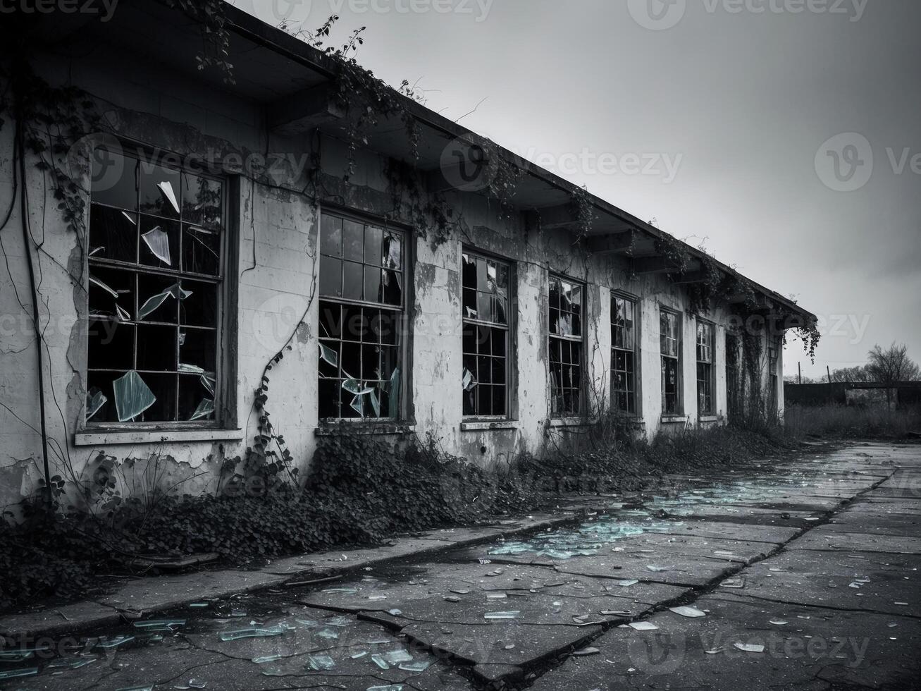 Old rotten abandoned building with broken windows. photo