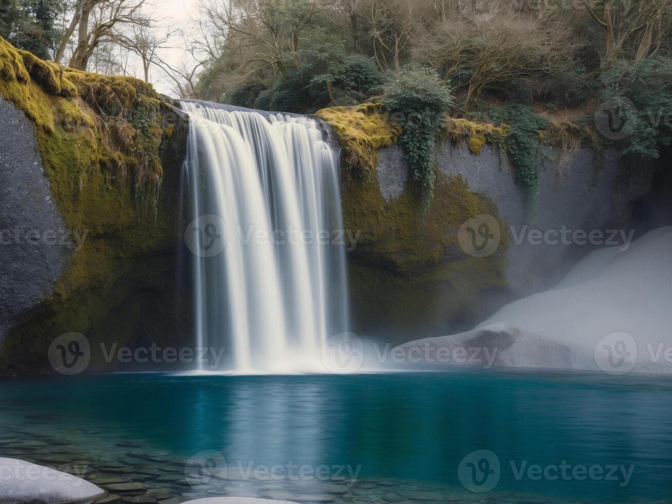 Large waterfall flowing into a tranquil blue pool. photo