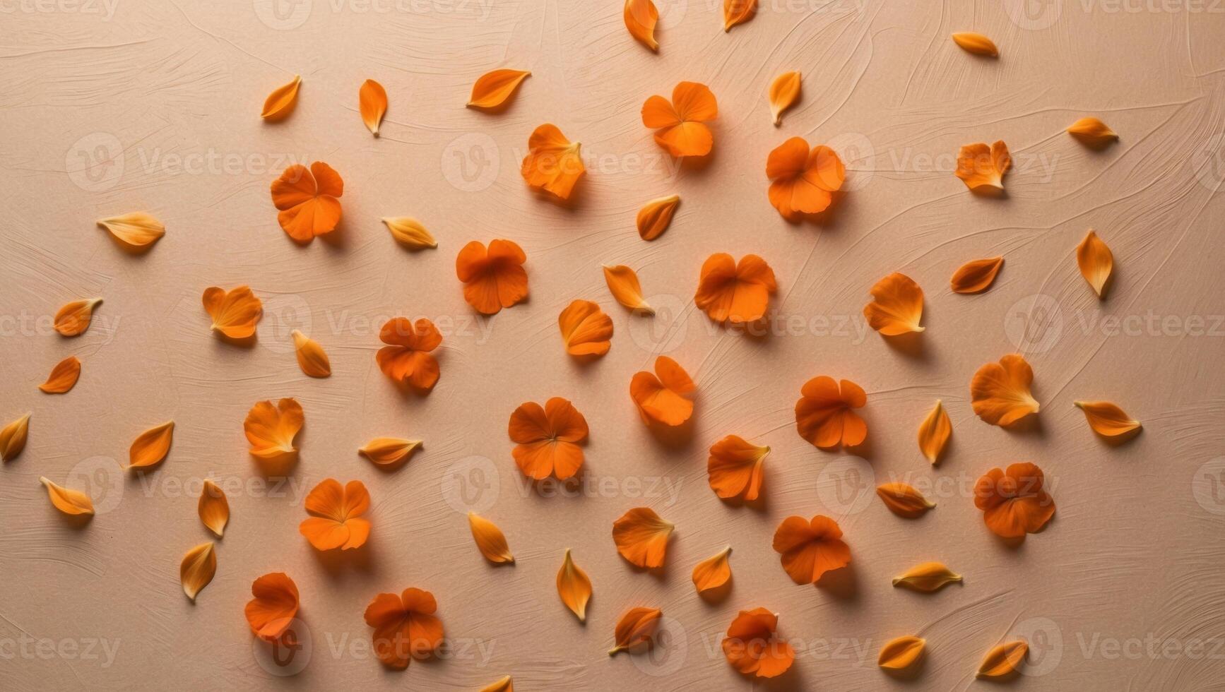Orange flower petals on texture light brown background top view copy space. photo