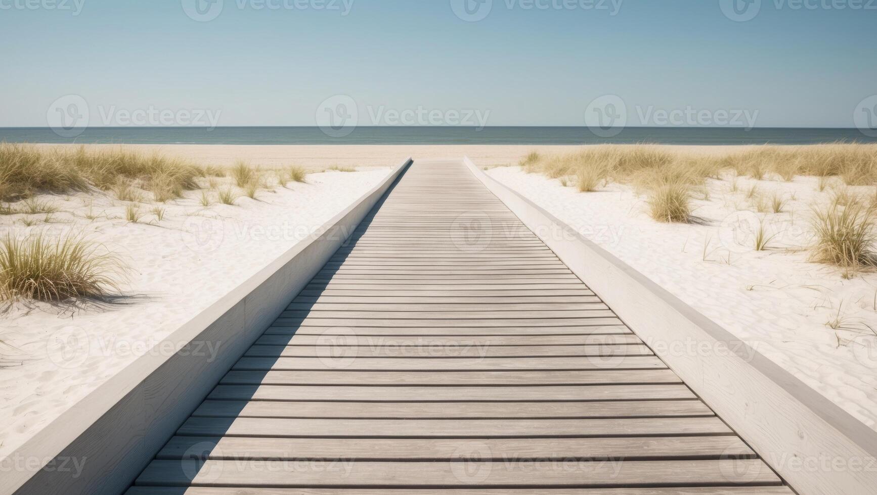A wooden path leading to the beach on a sunny day. photo