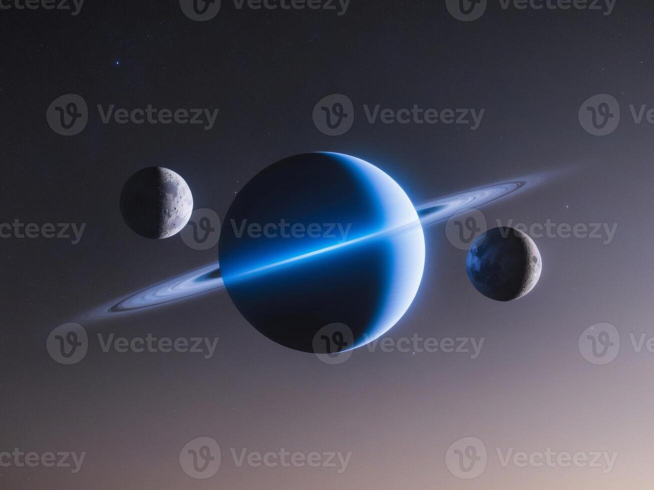 A Mesmerizing View of a Vibrant Blue Planet Surrounded by Three Celestial Moons in the Vastness of Space at Twilight. photo
