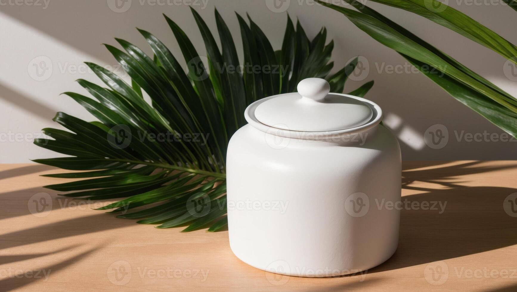 White jar with lid on light brown surface with tropical leaves. photo