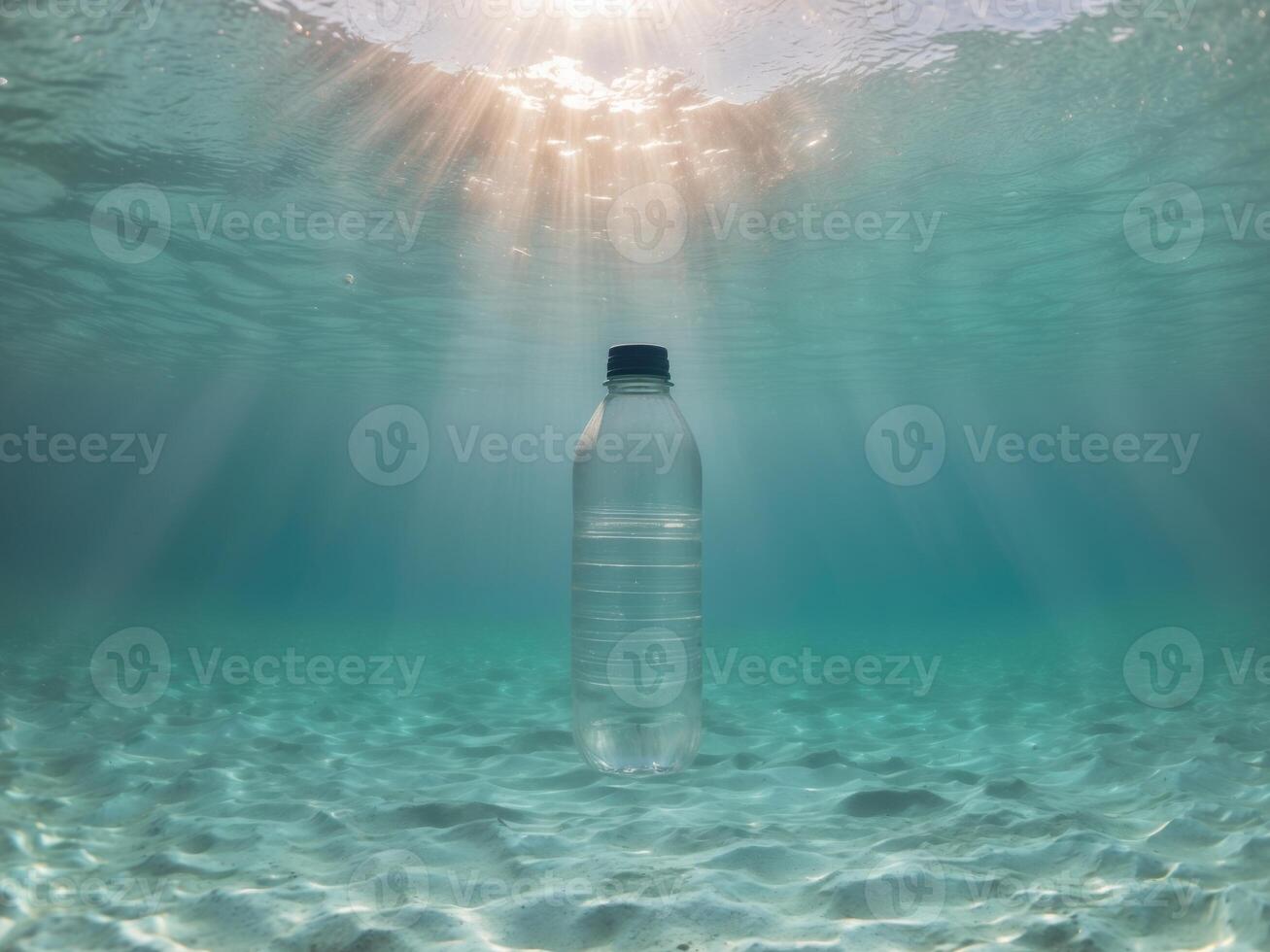 Plastic Bottle Floats in Clear Water as Sunlight Beams Down in an Underwater View During the Day. photo