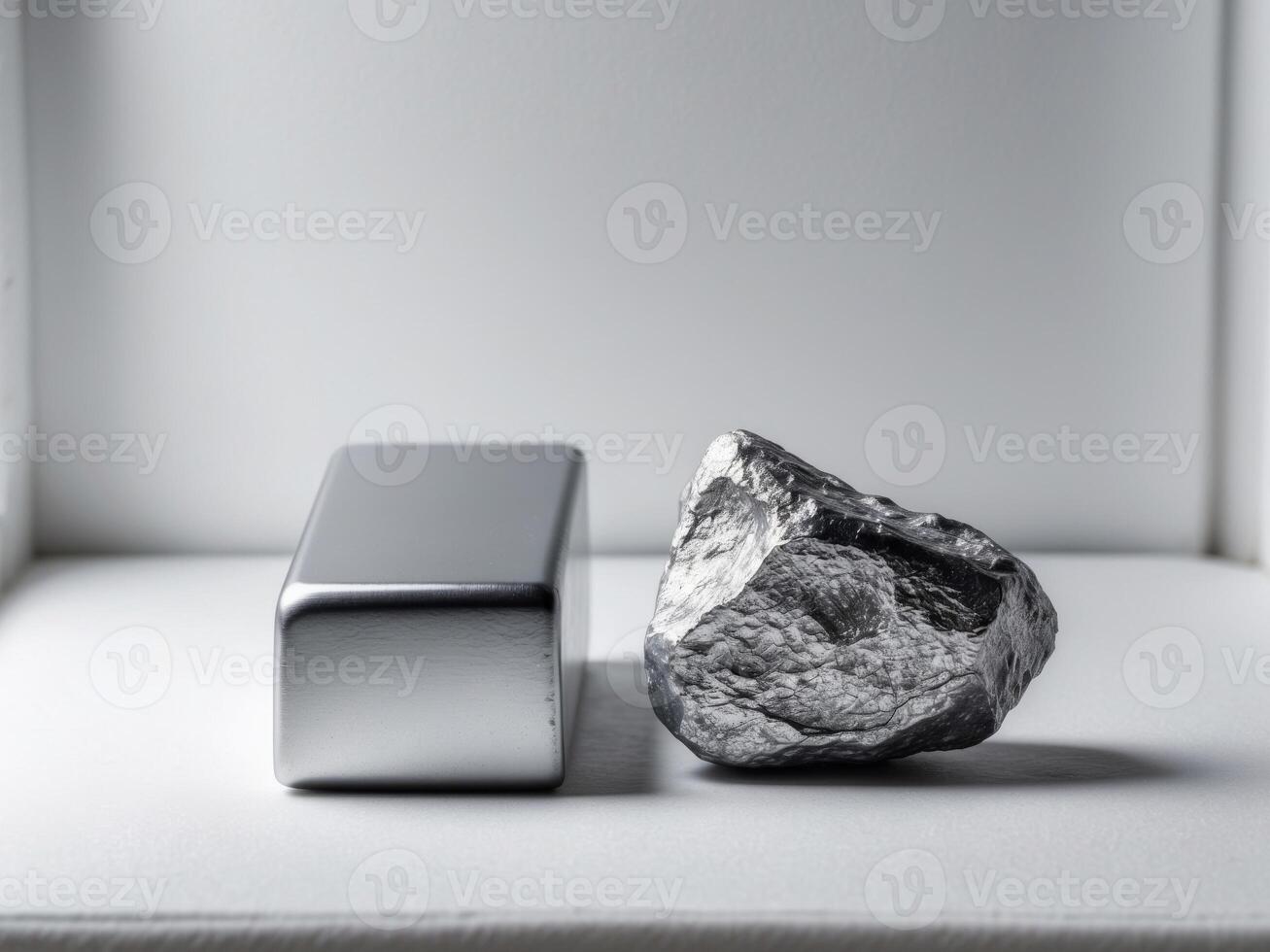 insulated zinc ingot or bar next to raw zinc nugget on insulated. photo