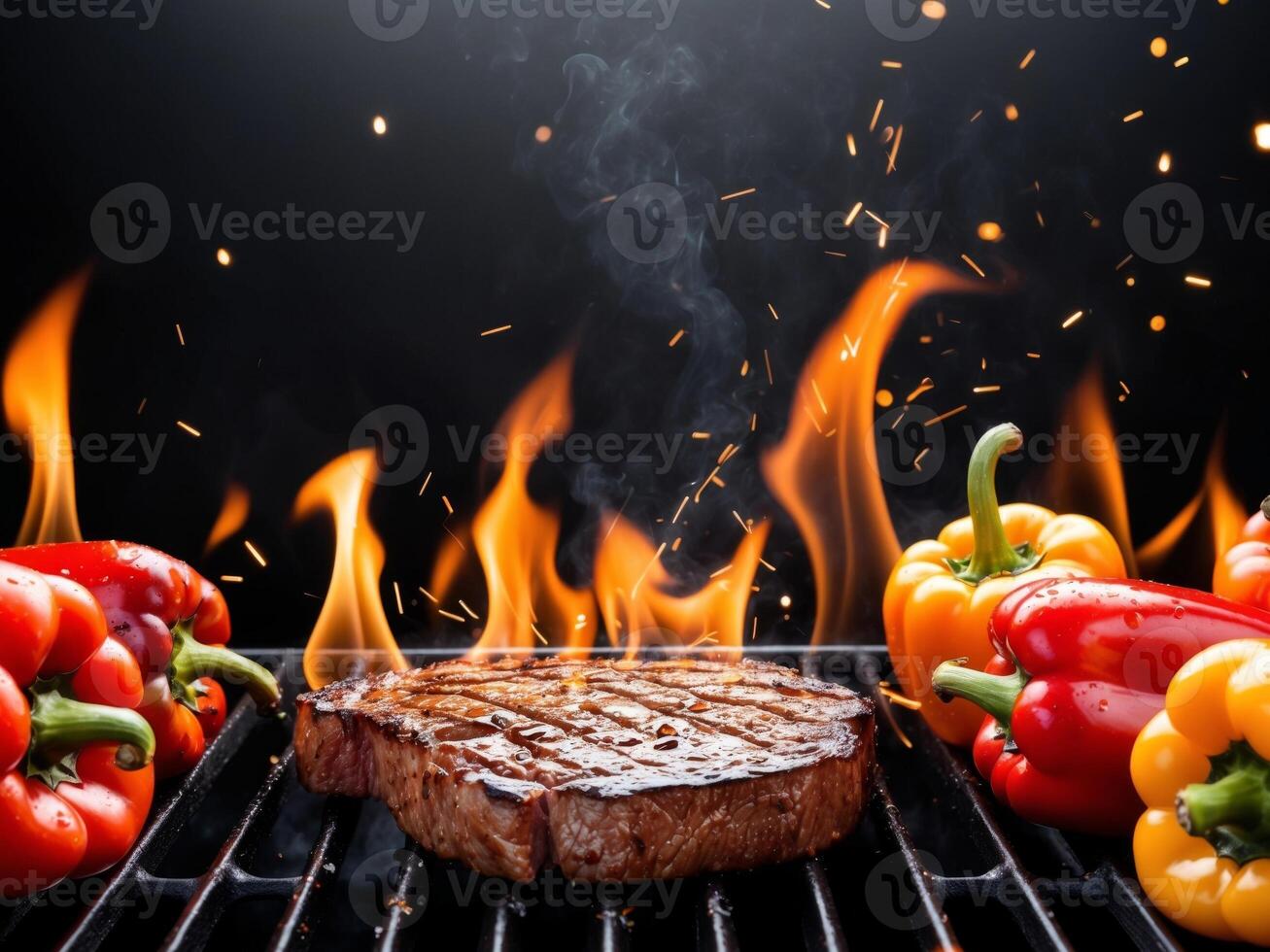 Sizzling steak with colorful peppers and flames on a hot grill. photo