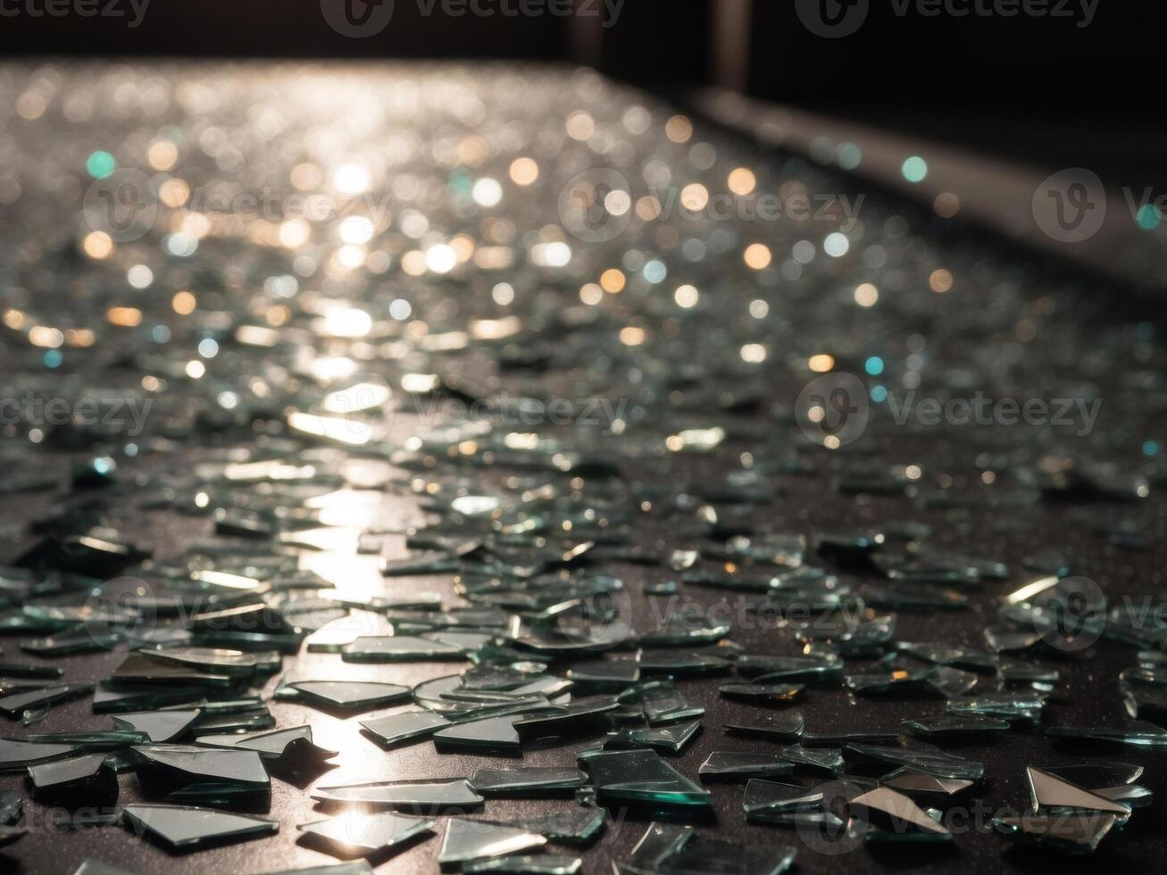 Sunlight reflecting on mirror shards scattered across floor. photo
