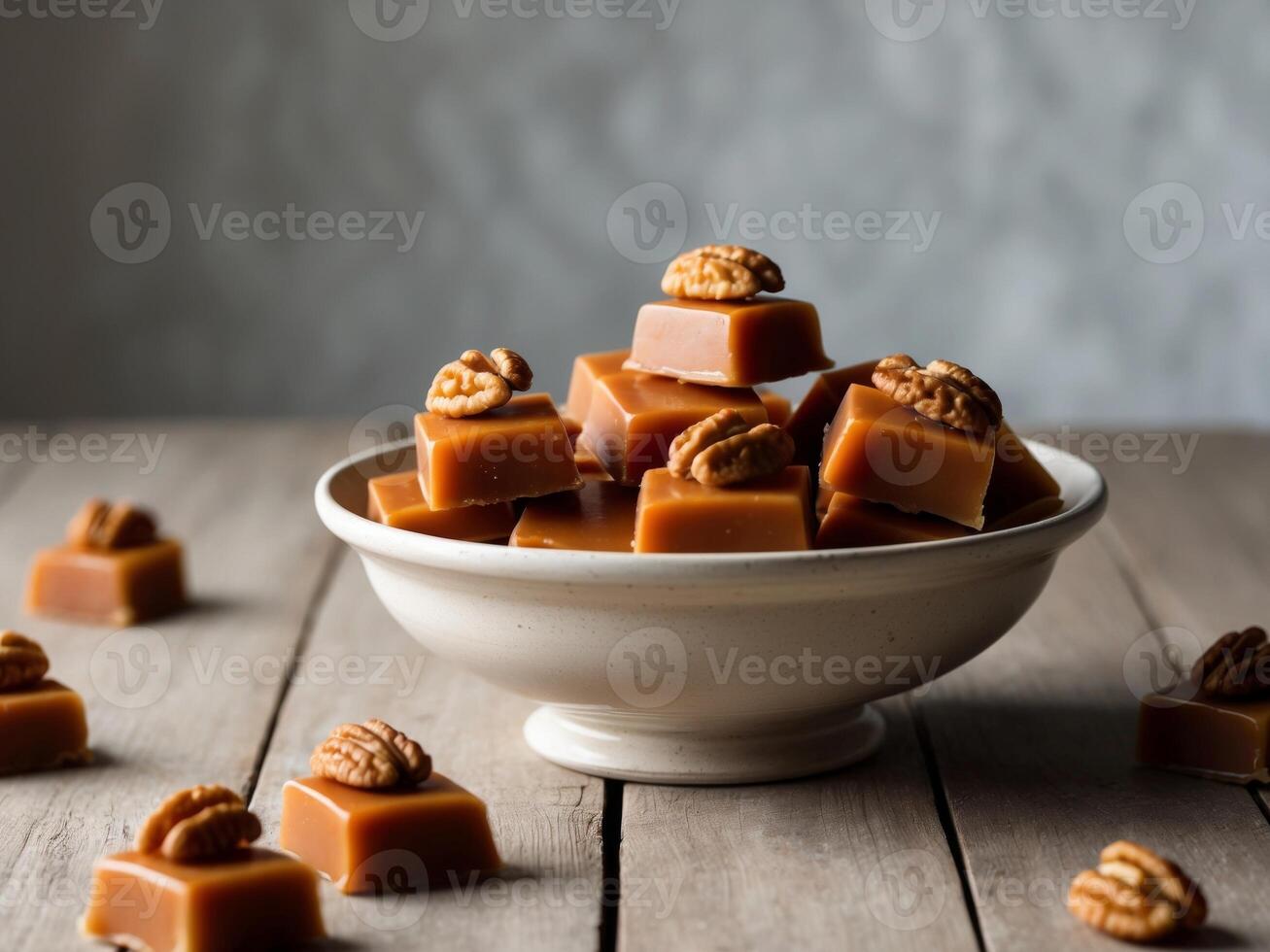 A bowl of caramel squares topped with walnut halves sits on a wooden table. photo