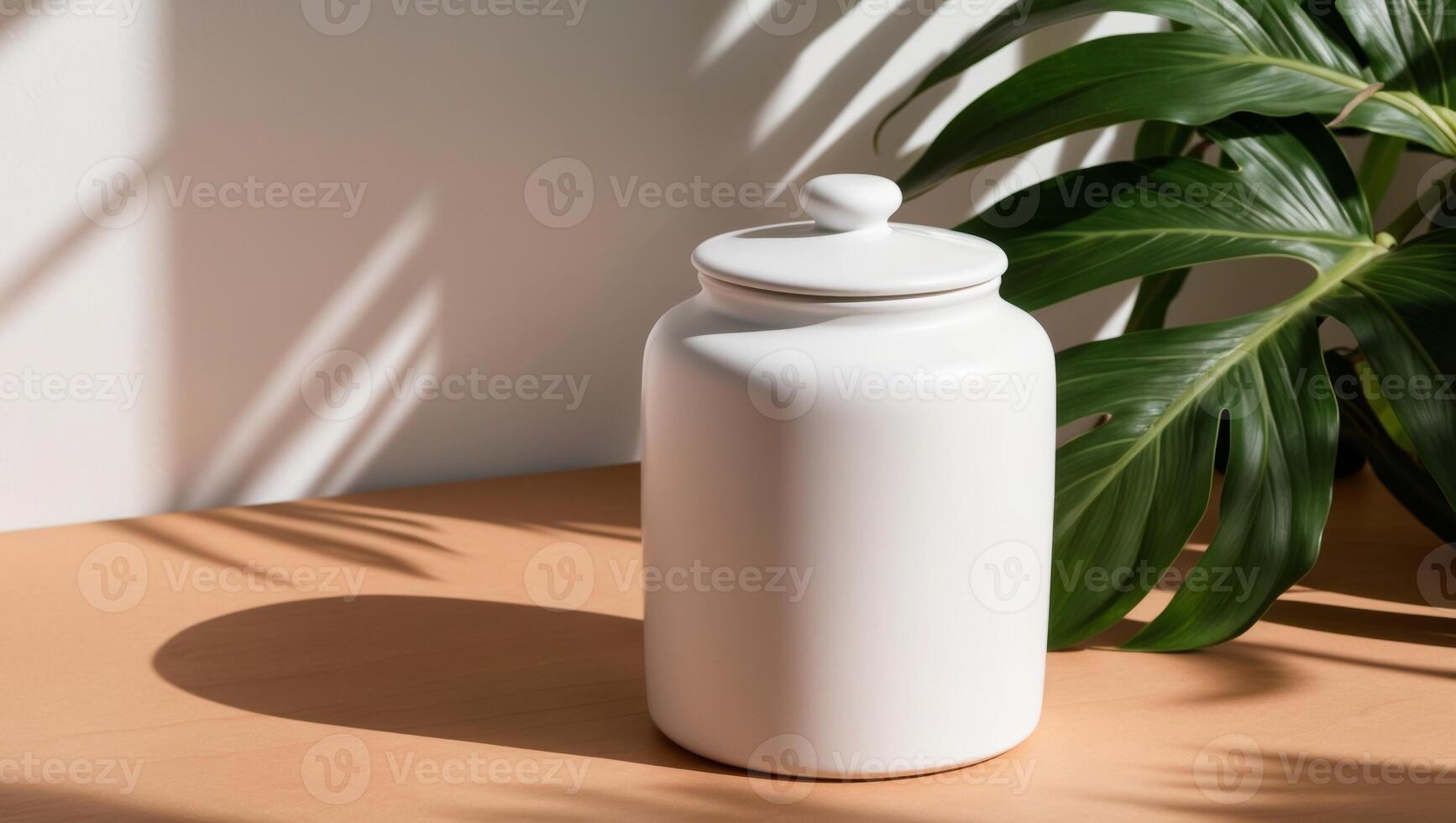 White jar with lid on light brown surface with tropical leaves. photo