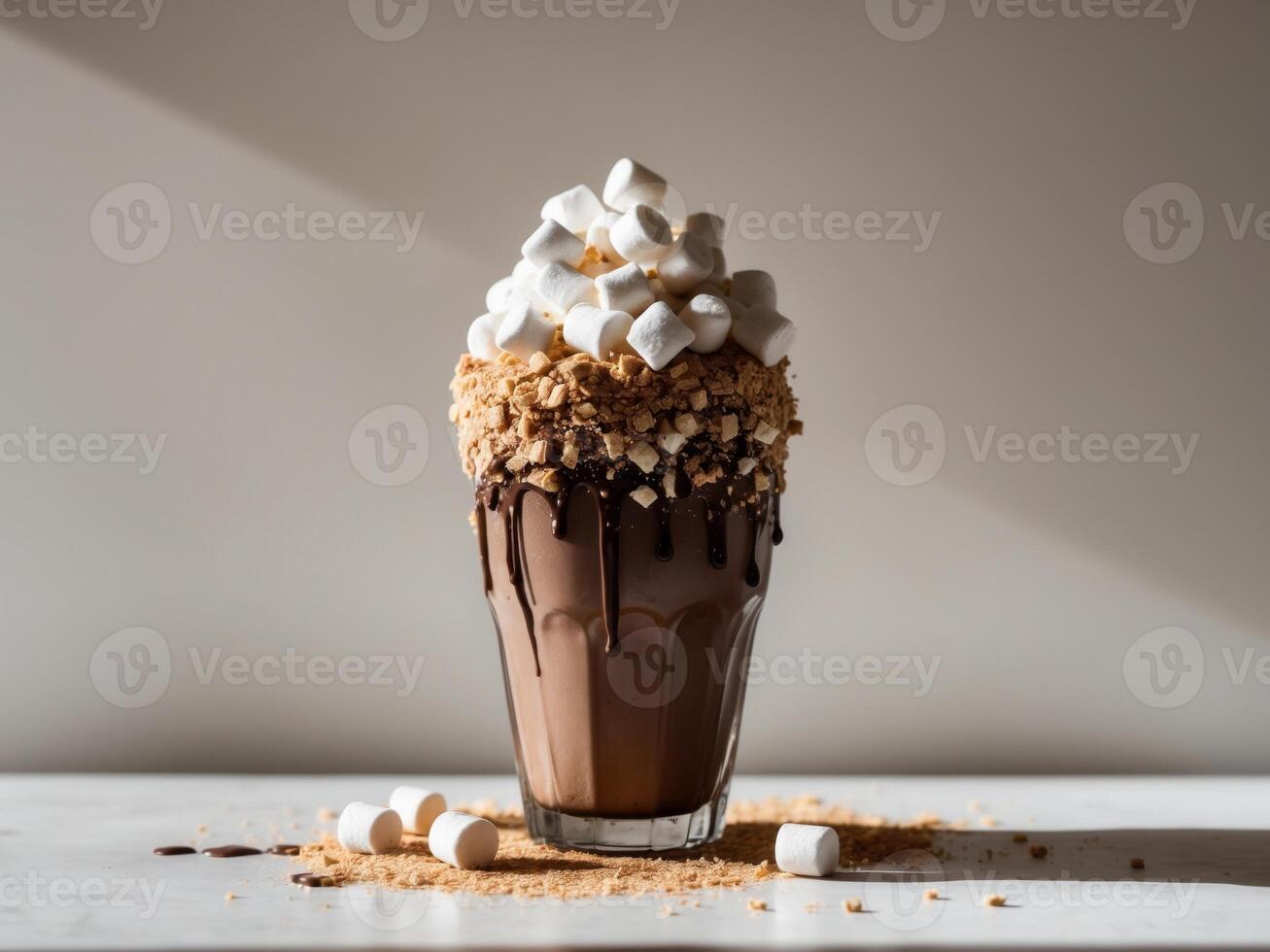 Chocolate and marshmallow milkshake topped with graham cracker crumbs and mini marshmallows. photo