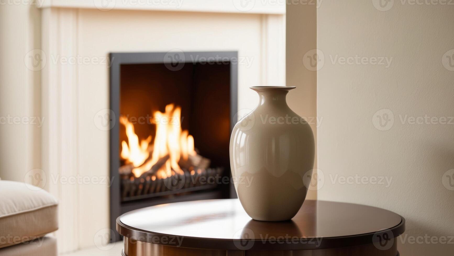 Cozy Setting with Empty Vase and Fireplace Glow. photo