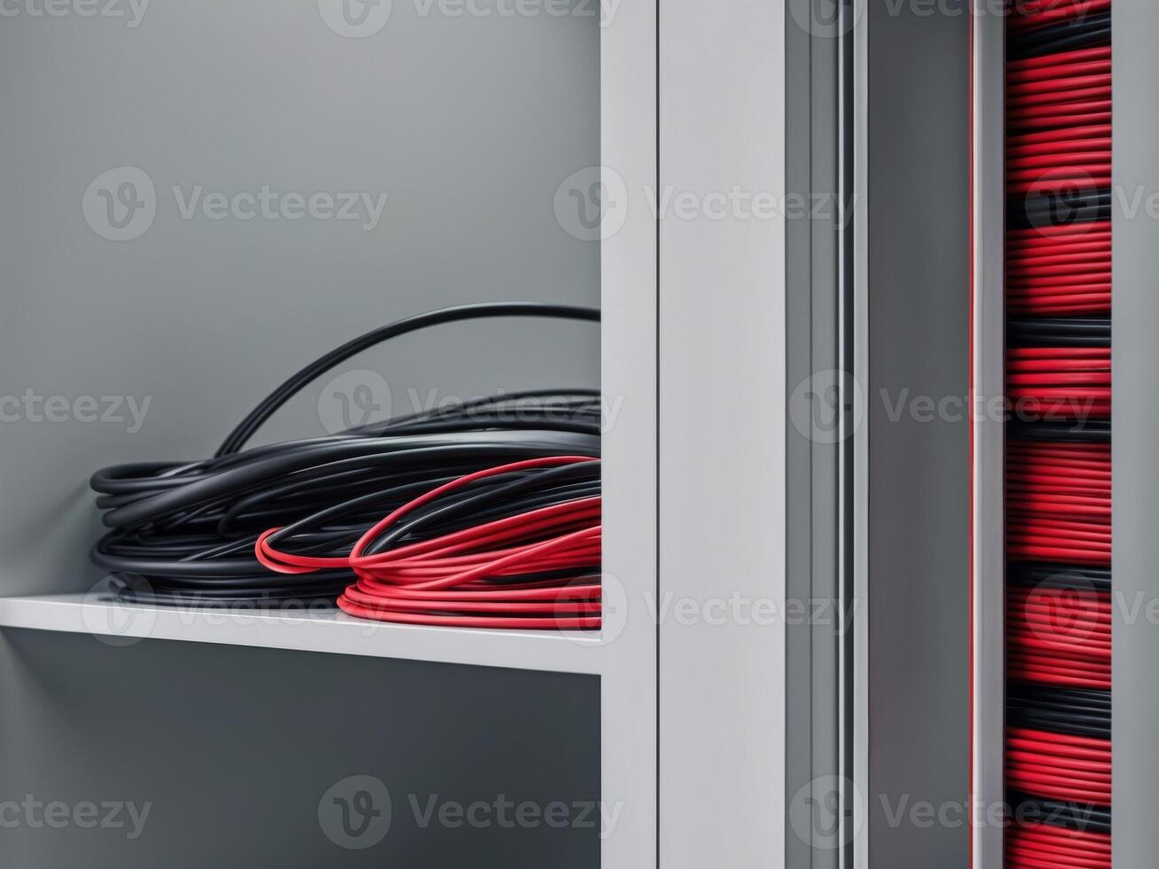 Red and Black Wires and Cables in a Storage Cabinet. photo