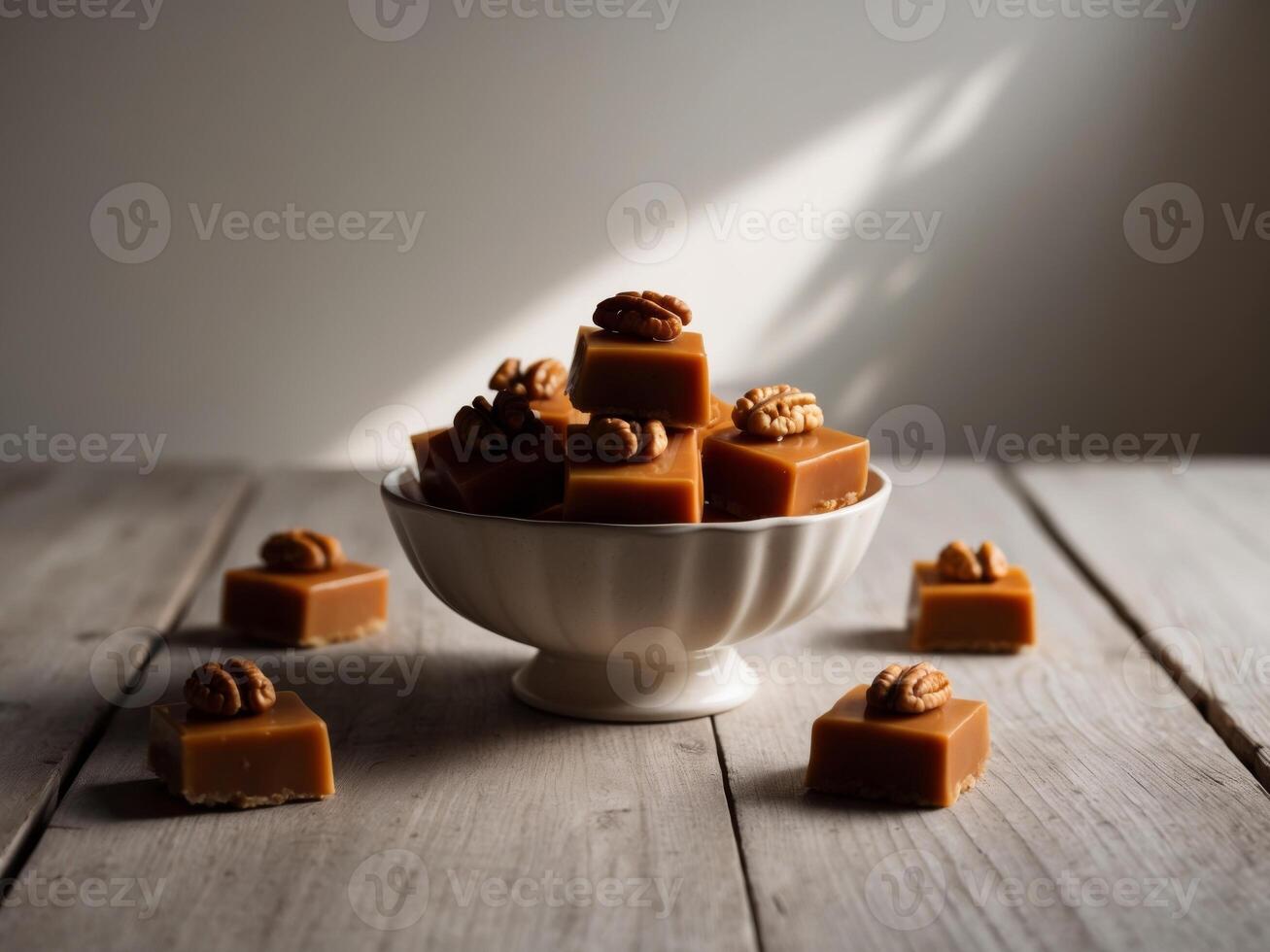 A bowl of caramel squares topped with walnut halves sits on a wooden table. photo