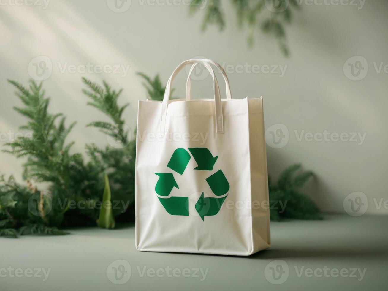Recyclable shopping bag with recycling symbol in green nature background. photo