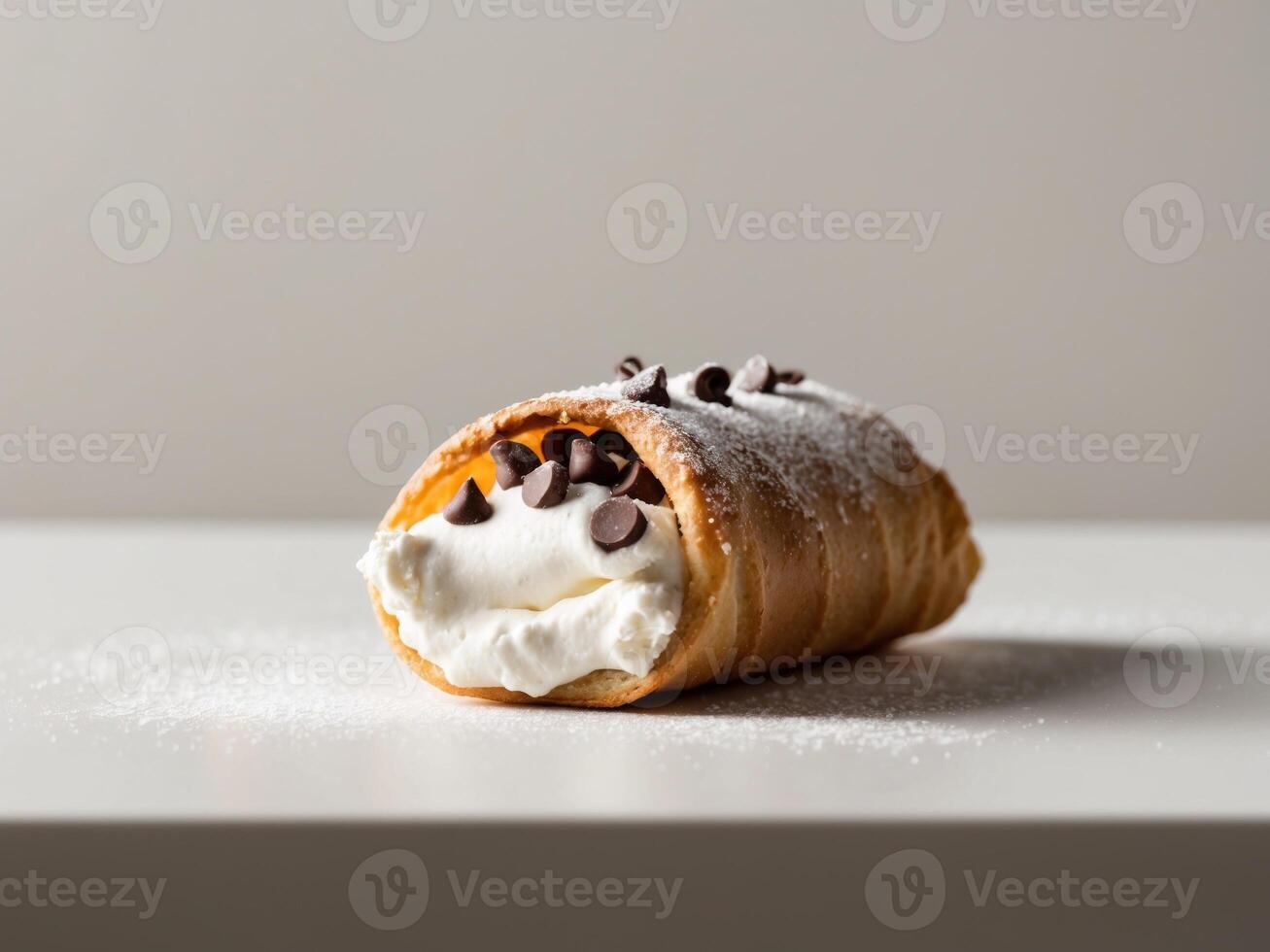 Cannoli with ricotta and chocolate chips dusted with sugar. photo