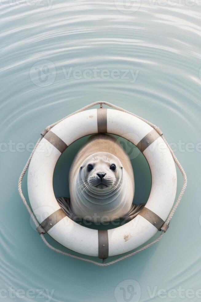 Seal relaxing in a life ring in cold water. photo