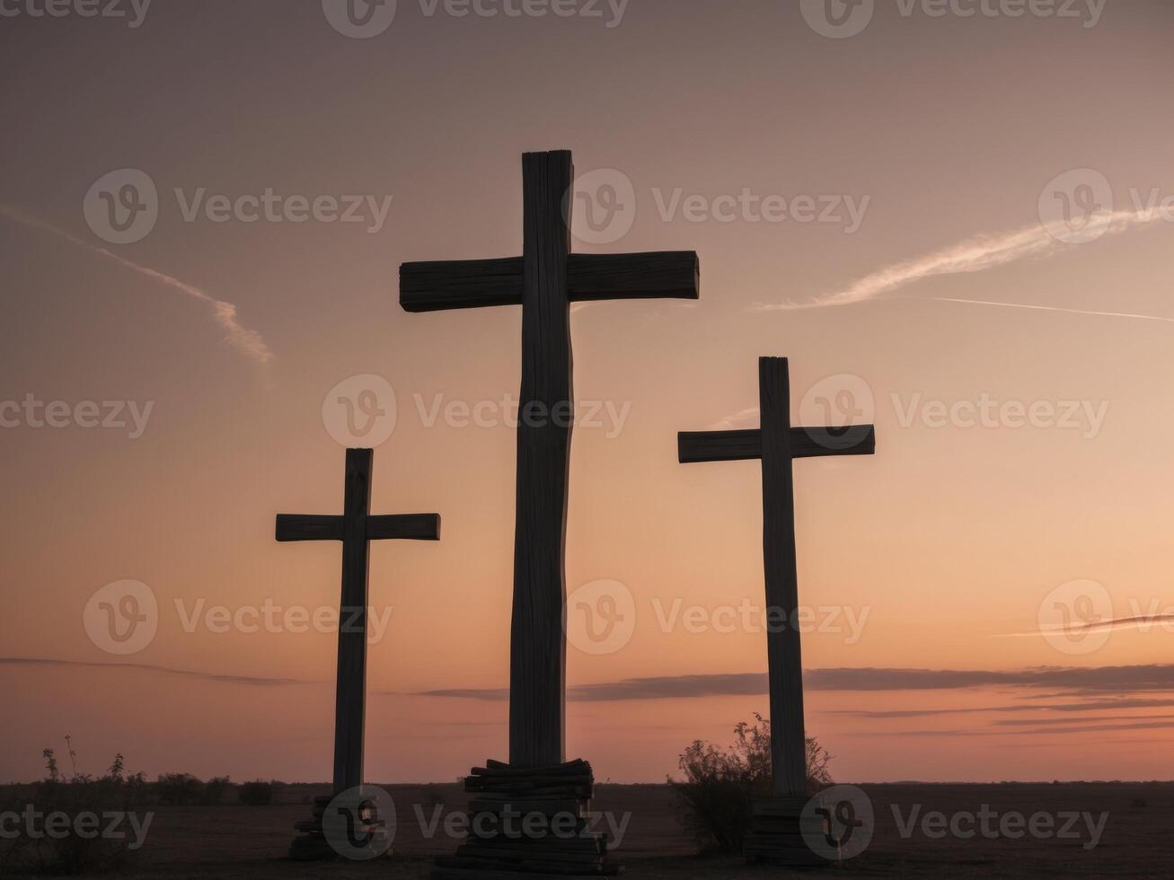 Three crosses are standing in a field at sunset. photo