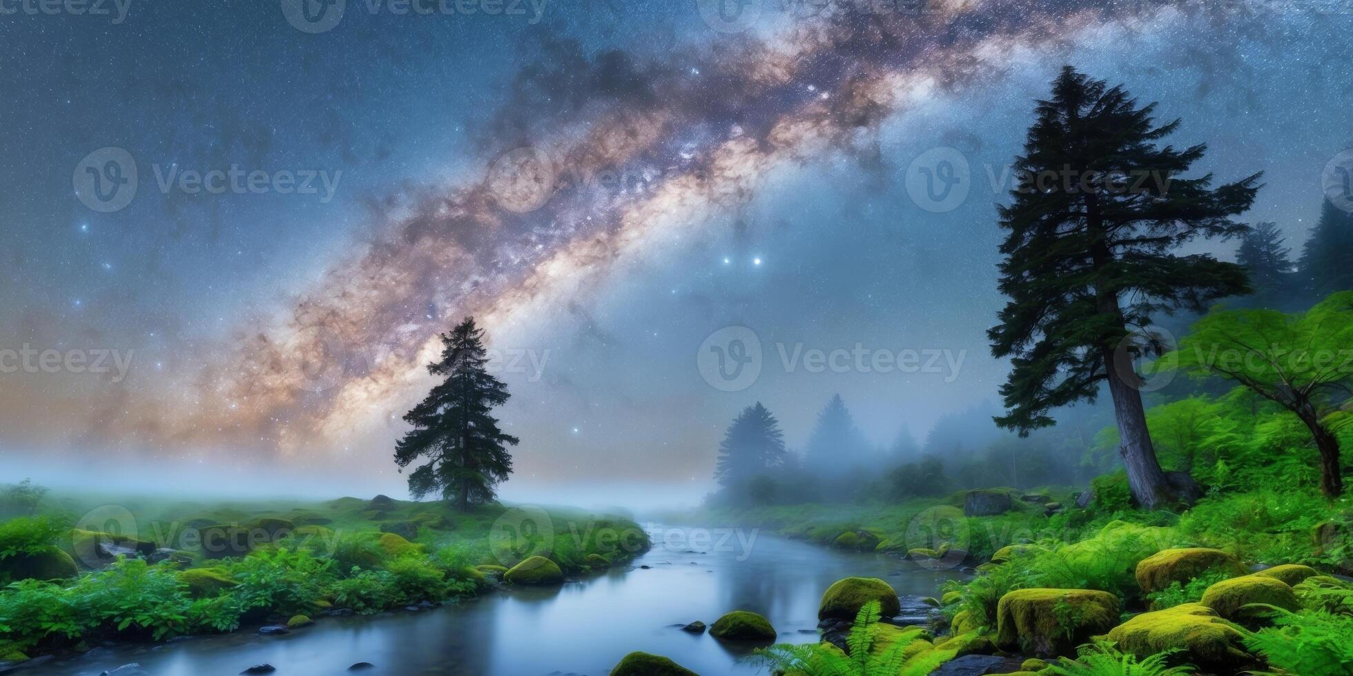 Milky Way Over a Foggy River with Lush Greenery. photo