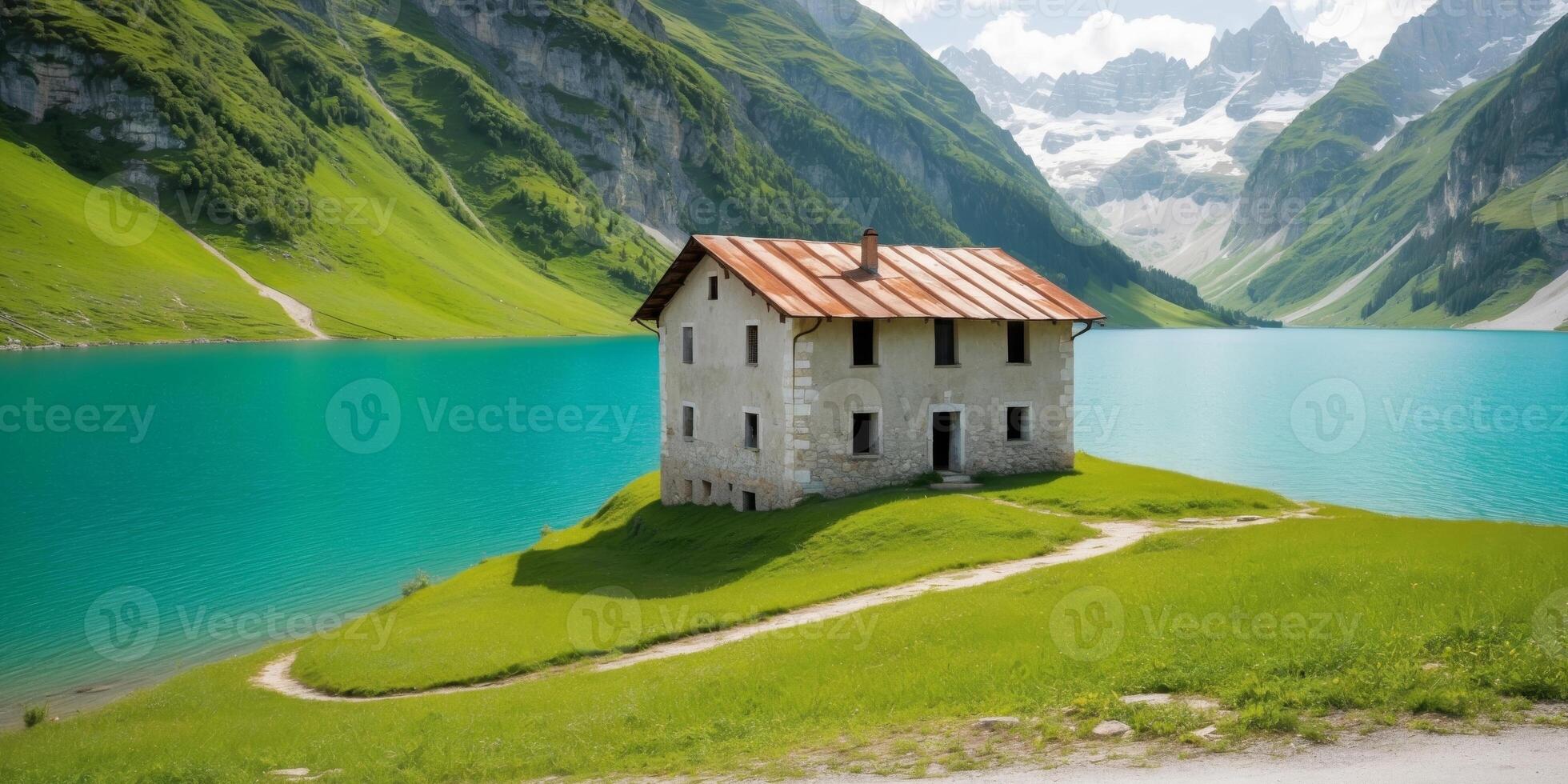 An abandoned building sits on a hillside overlooking a turquoise lake in the Alps. photo