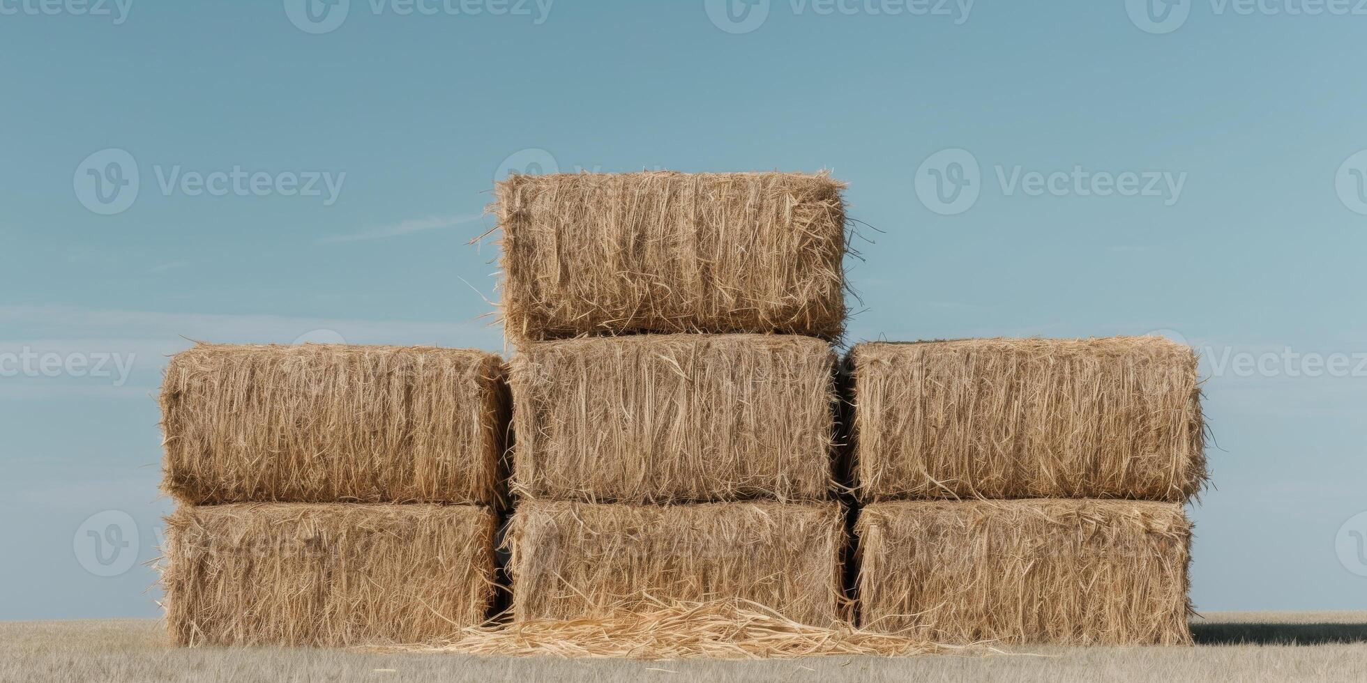 Three rectangular hay bales are stacked on top of each other making a large pile of dry straw. photo
