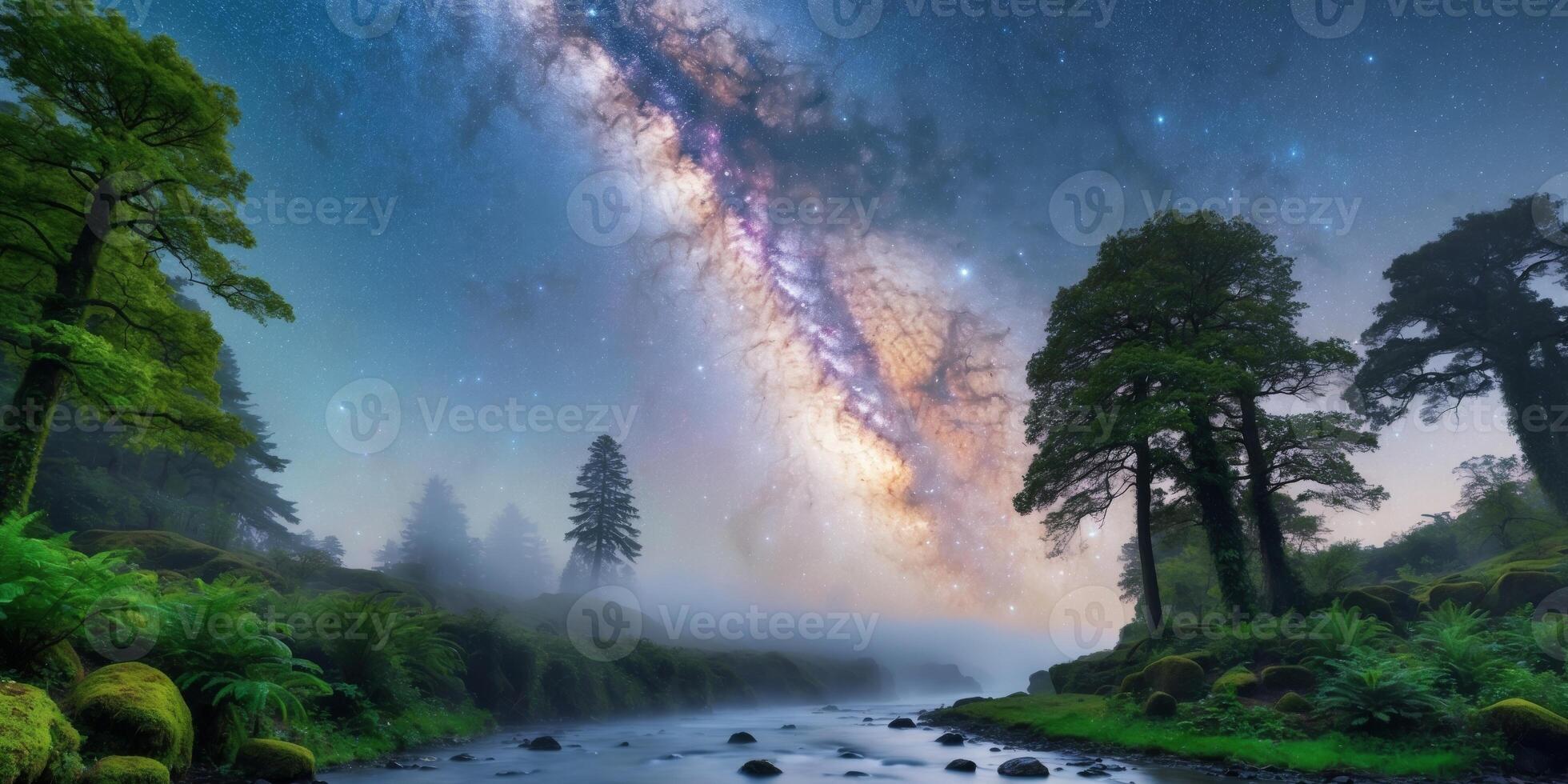 Milky Way Over a Foggy River with Lush Greenery. photo