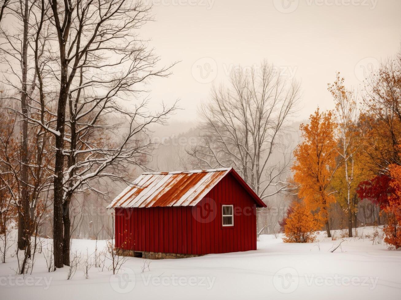 A cozy red cabin nestled in a snowy landscape surrounded by autumn foliage during winter. photo