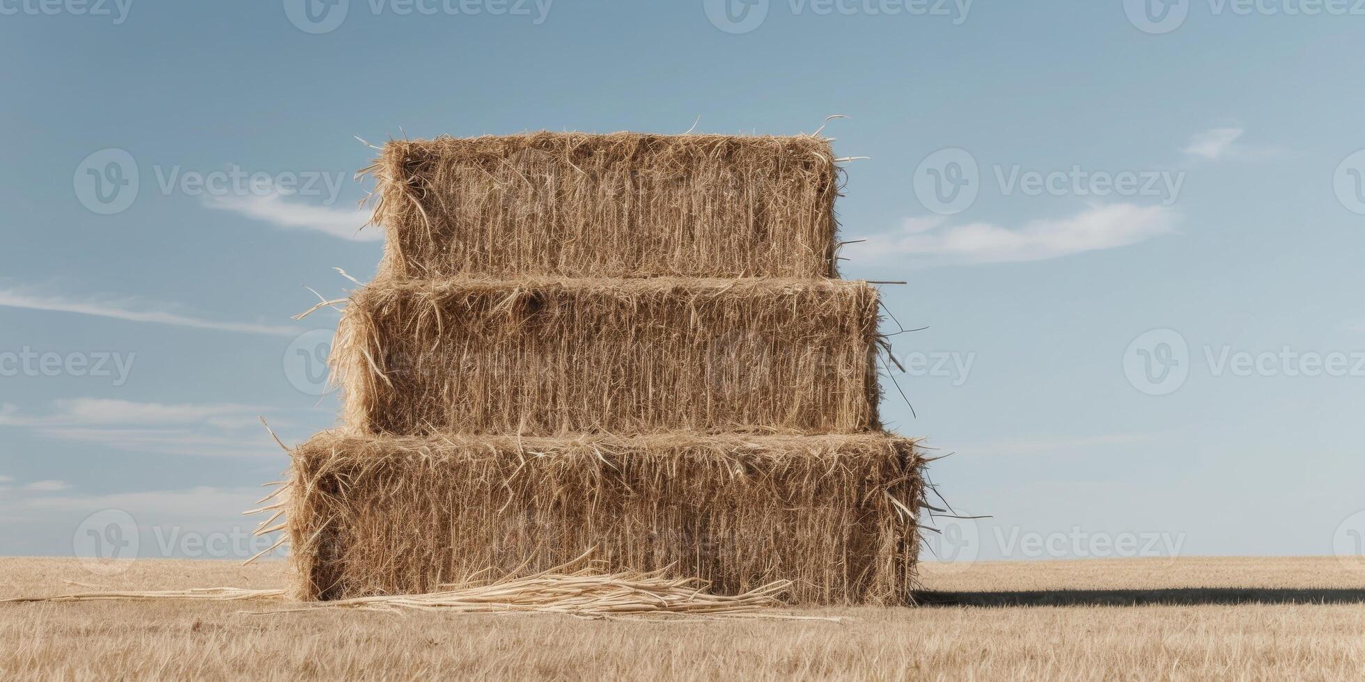 Three rectangular hay bales are stacked on top of each other making a large pile of dry straw. photo