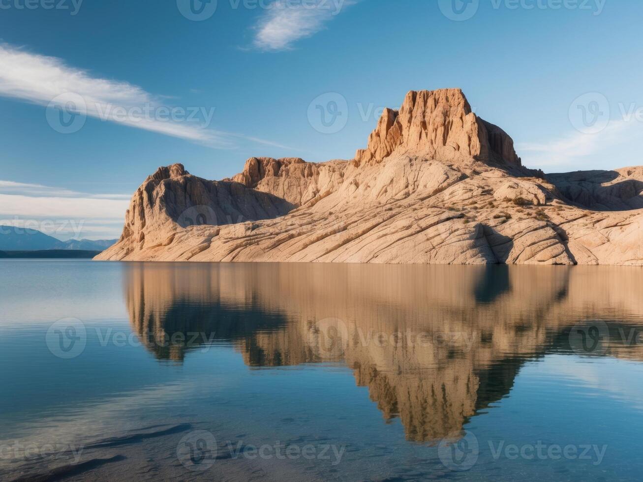 Tranquil Lake Reflection of Rock Formation on a Clear Day. photo