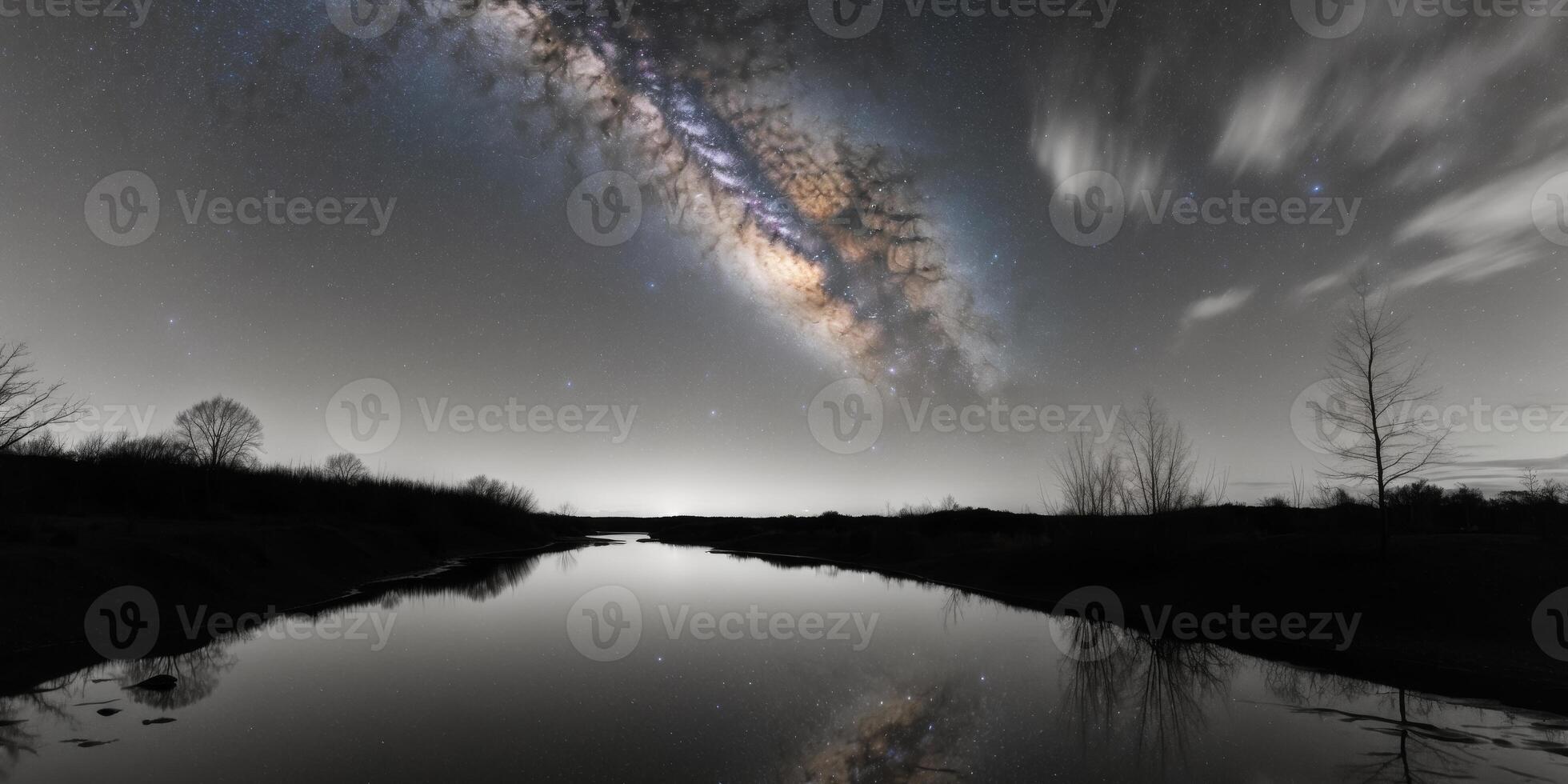 Milky Way Galaxy Reflecting in a Still Stream at Night. photo