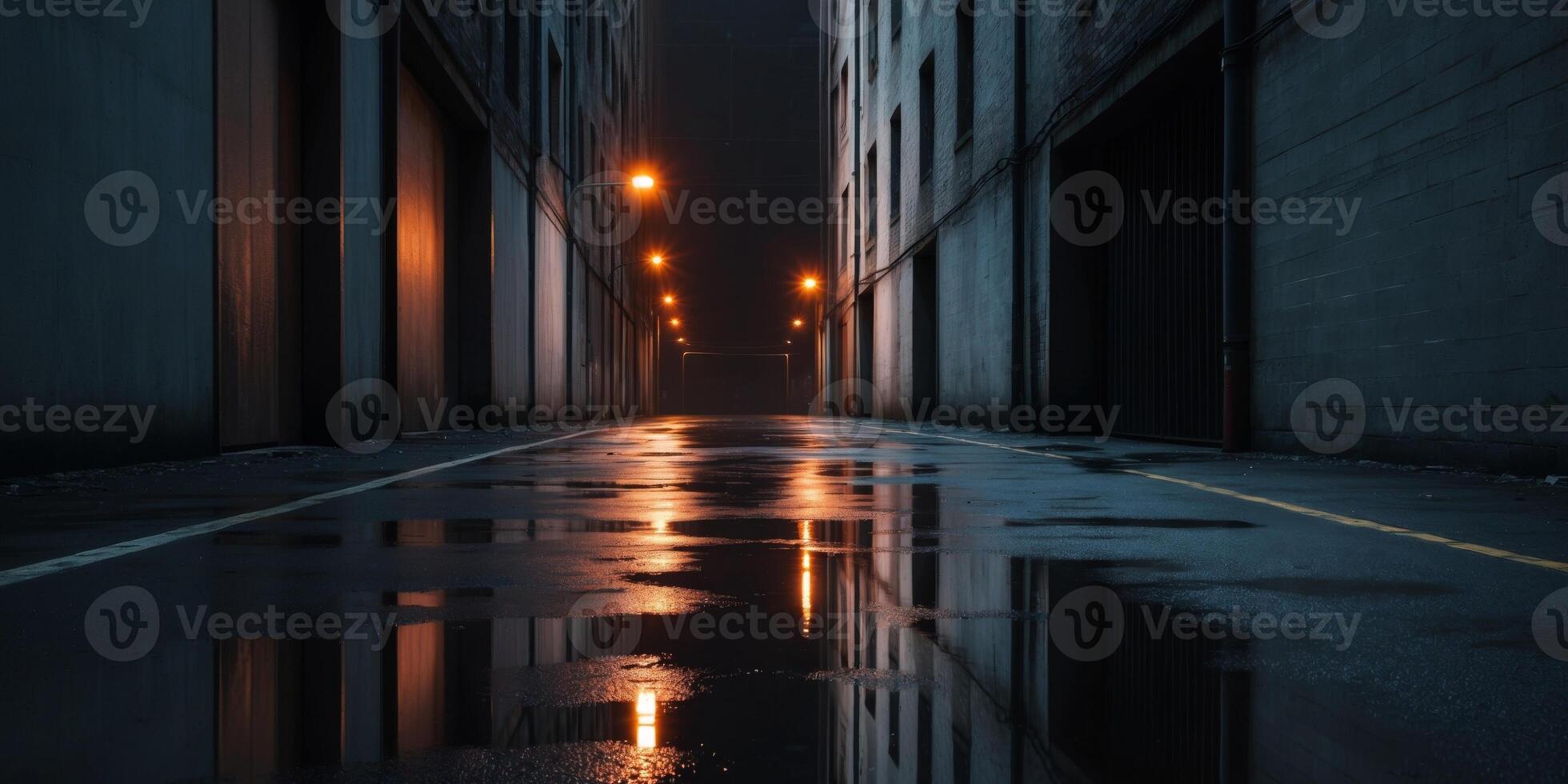 Abandoned Industrial Alley with Reflective Wet Surface and Orange Street Lamps at Night in an Urban Setting Evoking a Sense of Mystery and Desolation. photo