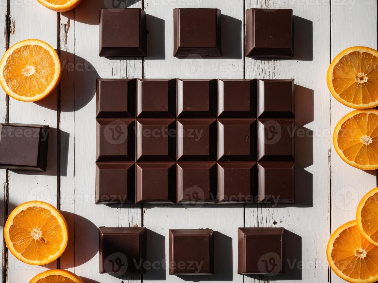 Dark chocolate squares and orange slices arranged on a white wooden surface. photo