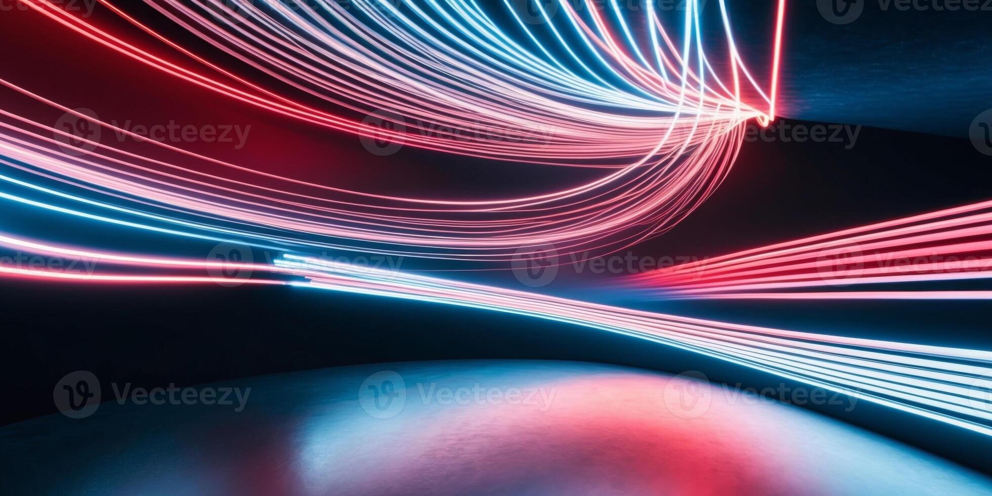 Abstract background with colorful glowing light lines on a dark blue and red gradient. photo