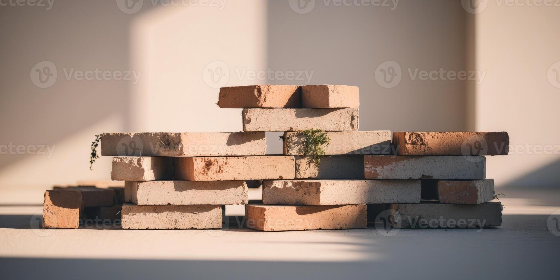 Stacked rustic bricks creating a sturdy foundation for construction. photo
