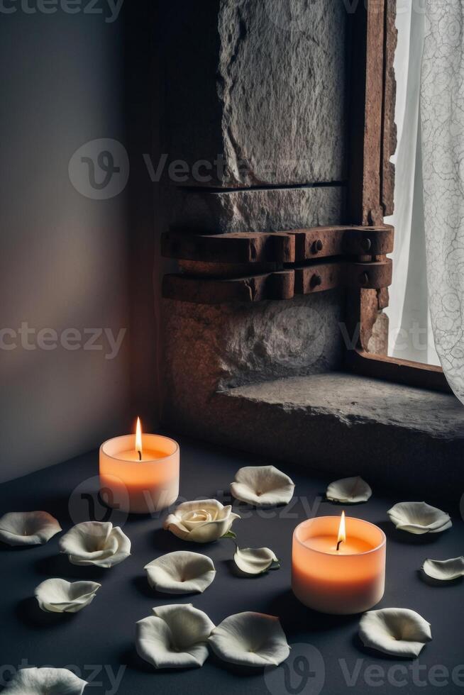 White roses lying near two burning candles on a dark background with shadows cast by a window. photo