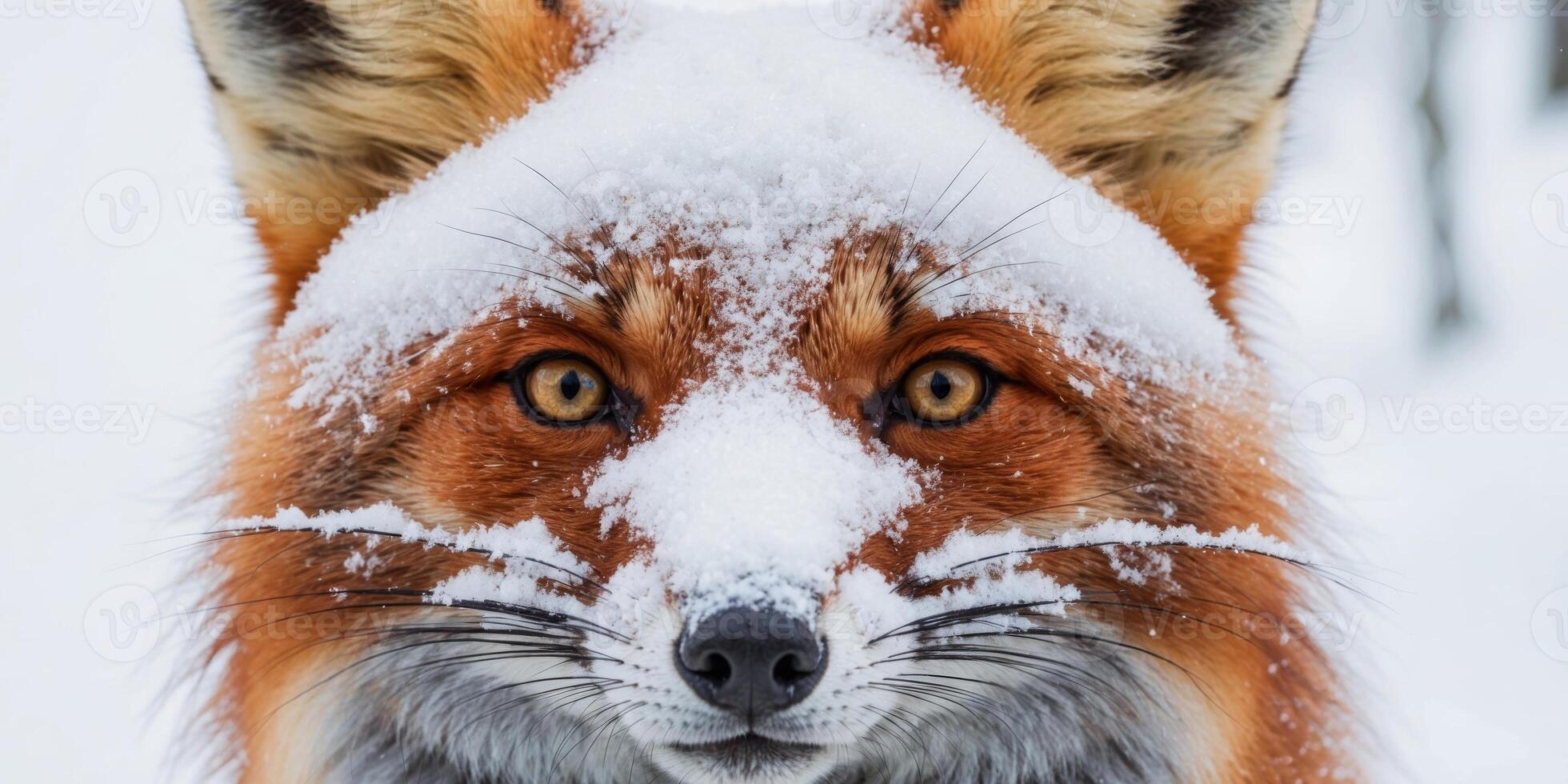 A close up of a red fox's face covered in snow. photo