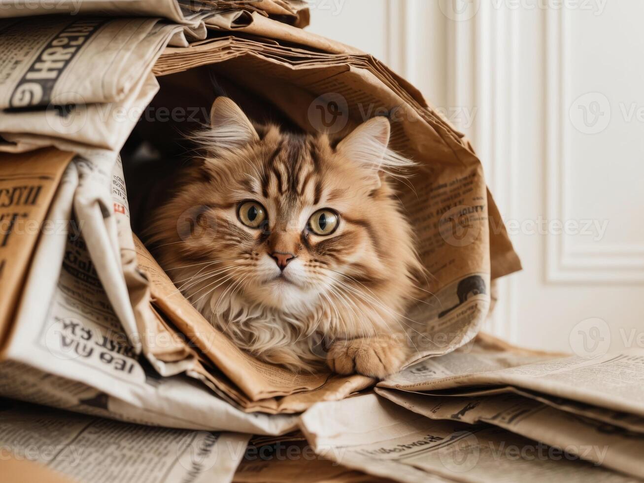 A playful cat investigates its surroundings from a cozy nest of newspapers. photo