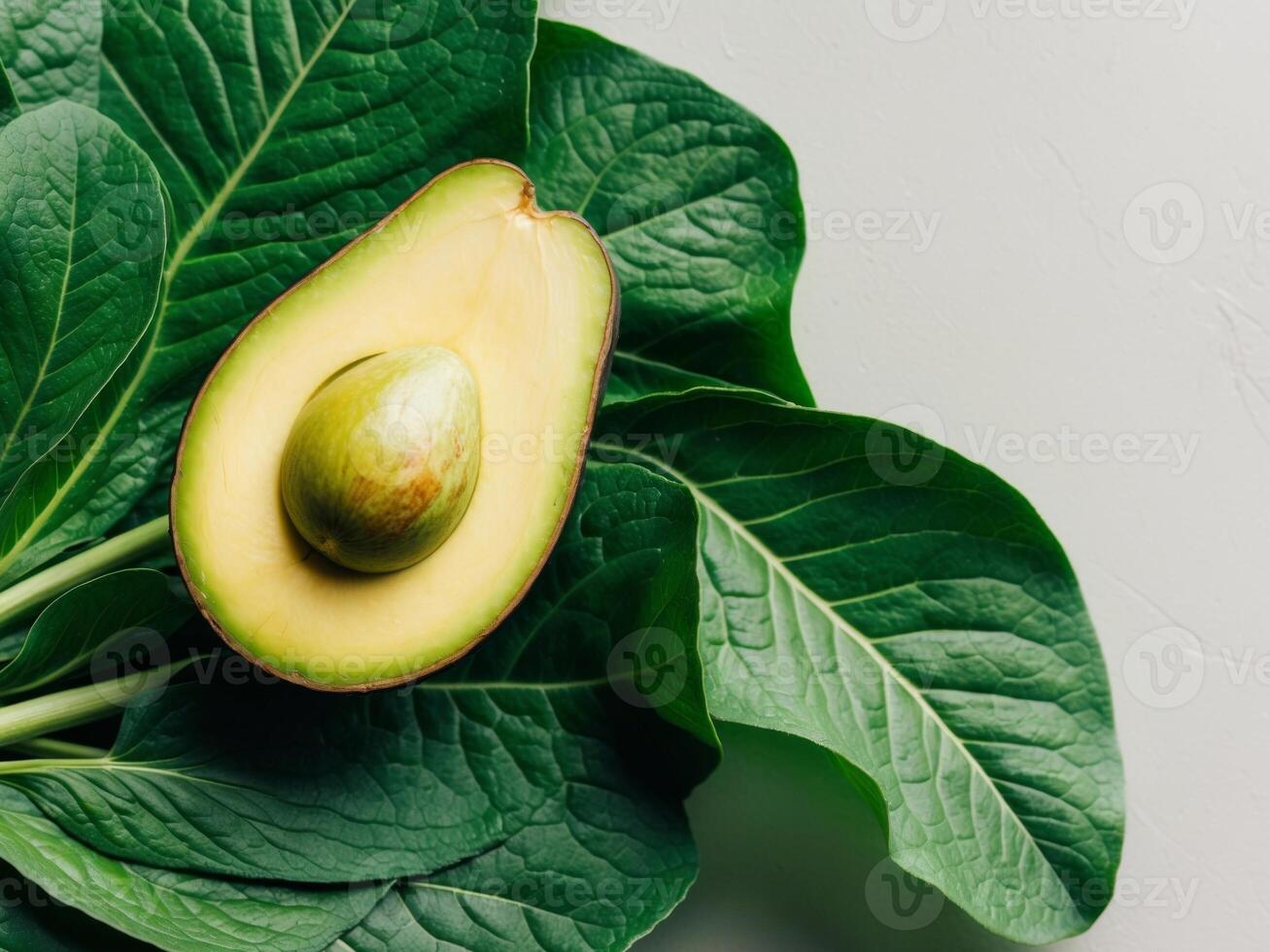 Half of avocado on green leaves with space for text. photo