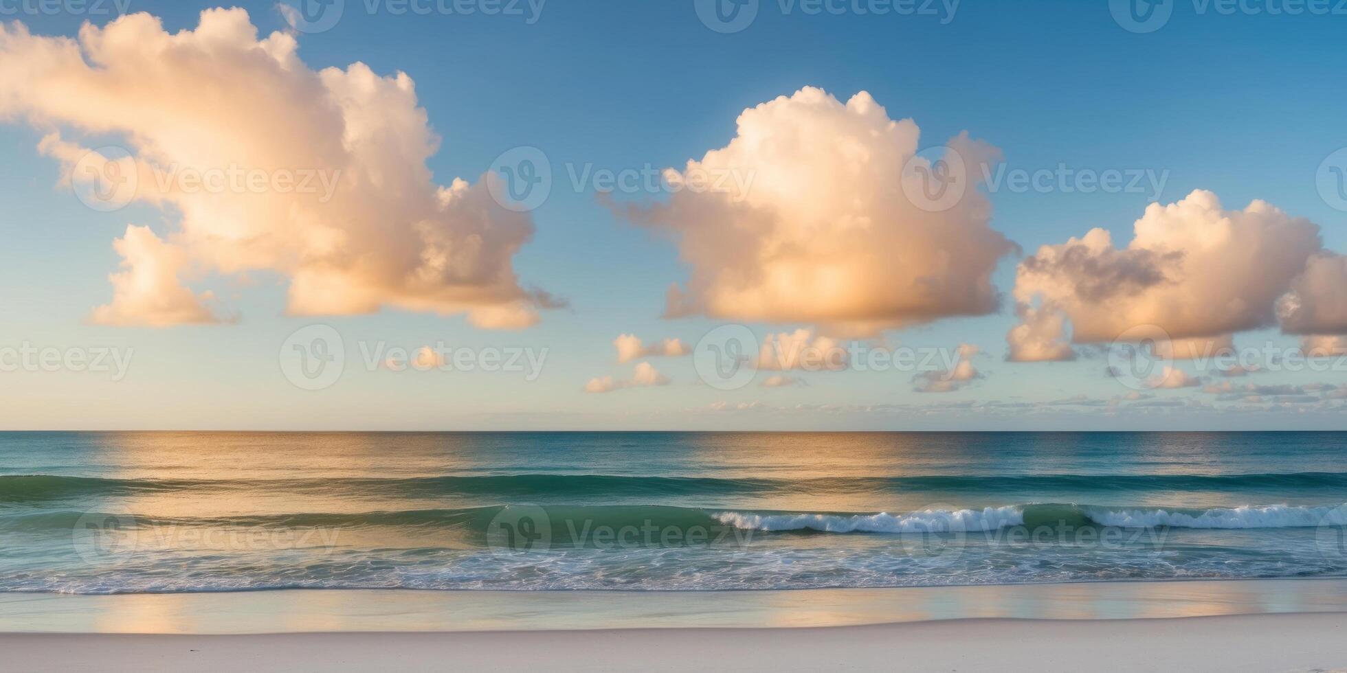 Tranquil Ocean Waves Gently Lapping on a Serene Beach Under a Clear Blue Sky with Fluffy Clouds at Sunrise or Sunset in a Coastal Setting. photo