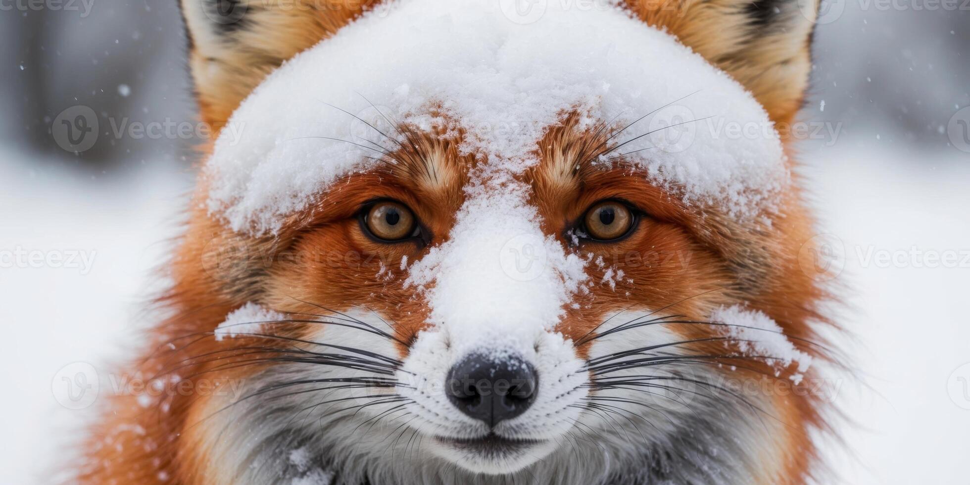 A close up of a red fox's face covered in snow. photo